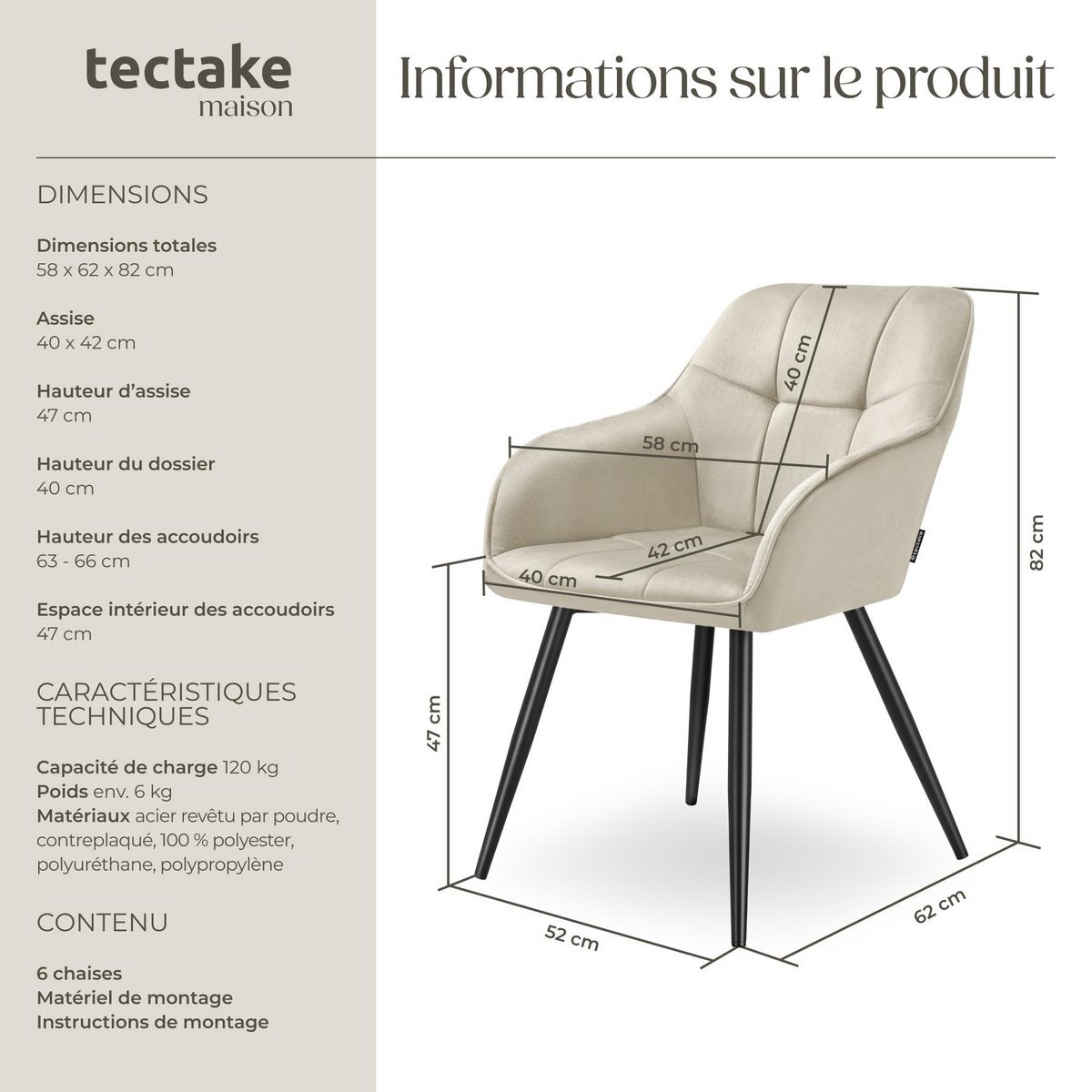 tectake Chaise de salle à manger rembourrée et en velours matelassé crème/noir Lot de 6