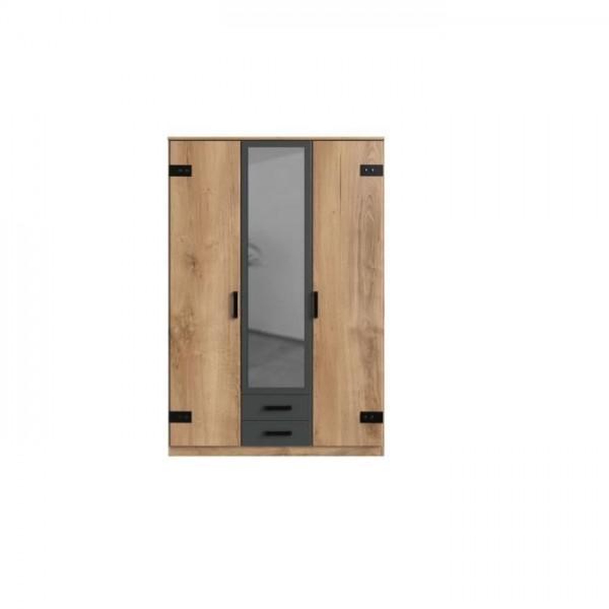Voir la diapositive 2 : MARKET24 Armoire CORFOU - Décor Chene et gris anthracite + Miroir - 3 portes battantes - 2 tiroirs - L135 x P58 x H199 cm
