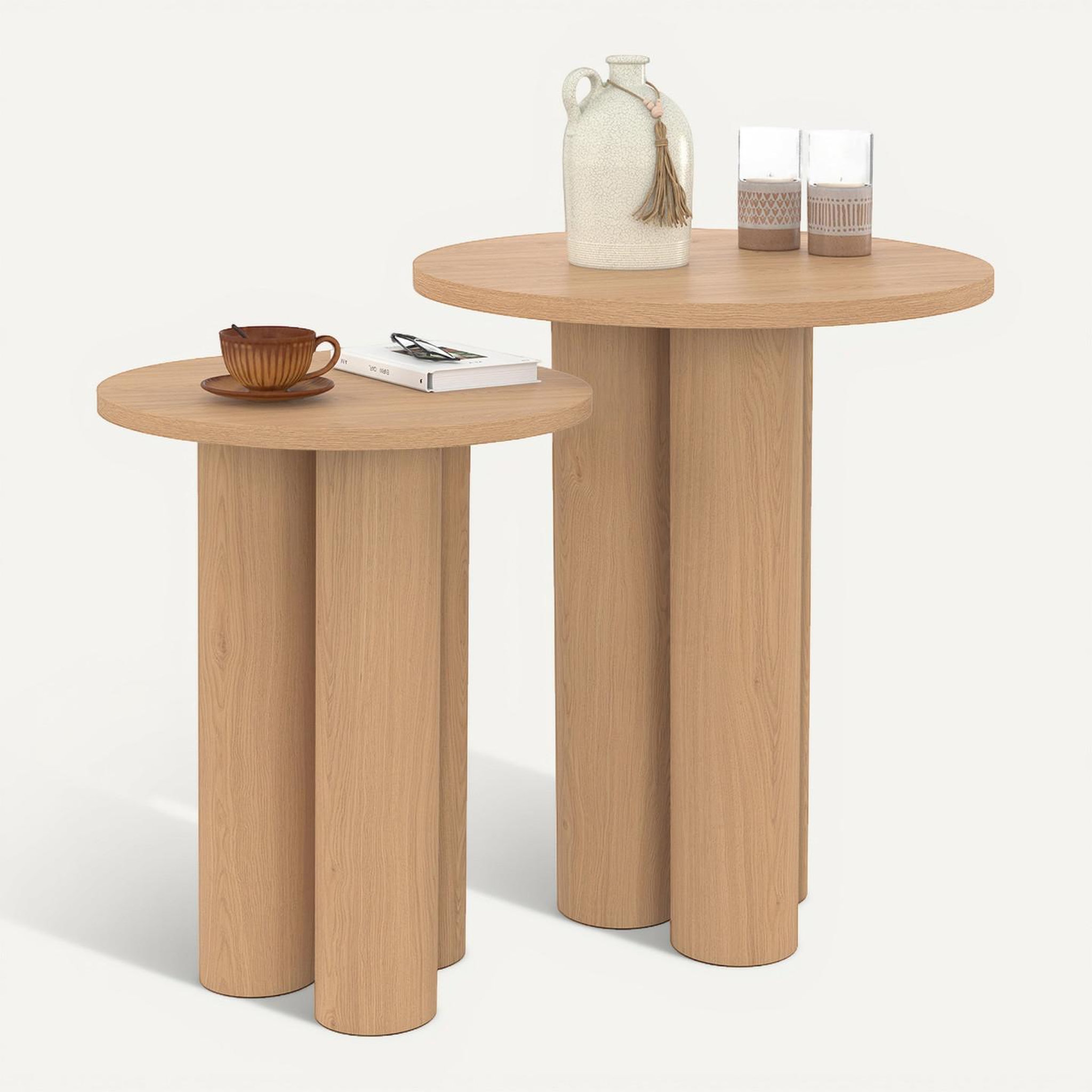 Voir la diapositive 6 : ID MARKET Lot de 2 tables d'appoint rondes, bouts de canapé, tables de chevet eloise 35/40 cm bois effet hêtre