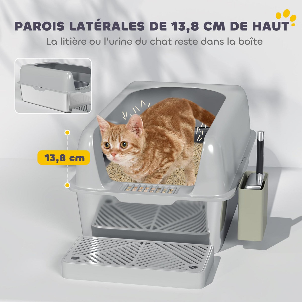 PAWHUT Bac à litière chat en acier inoxydable 60 x 40 x 29 cm nombreux accessoires gris