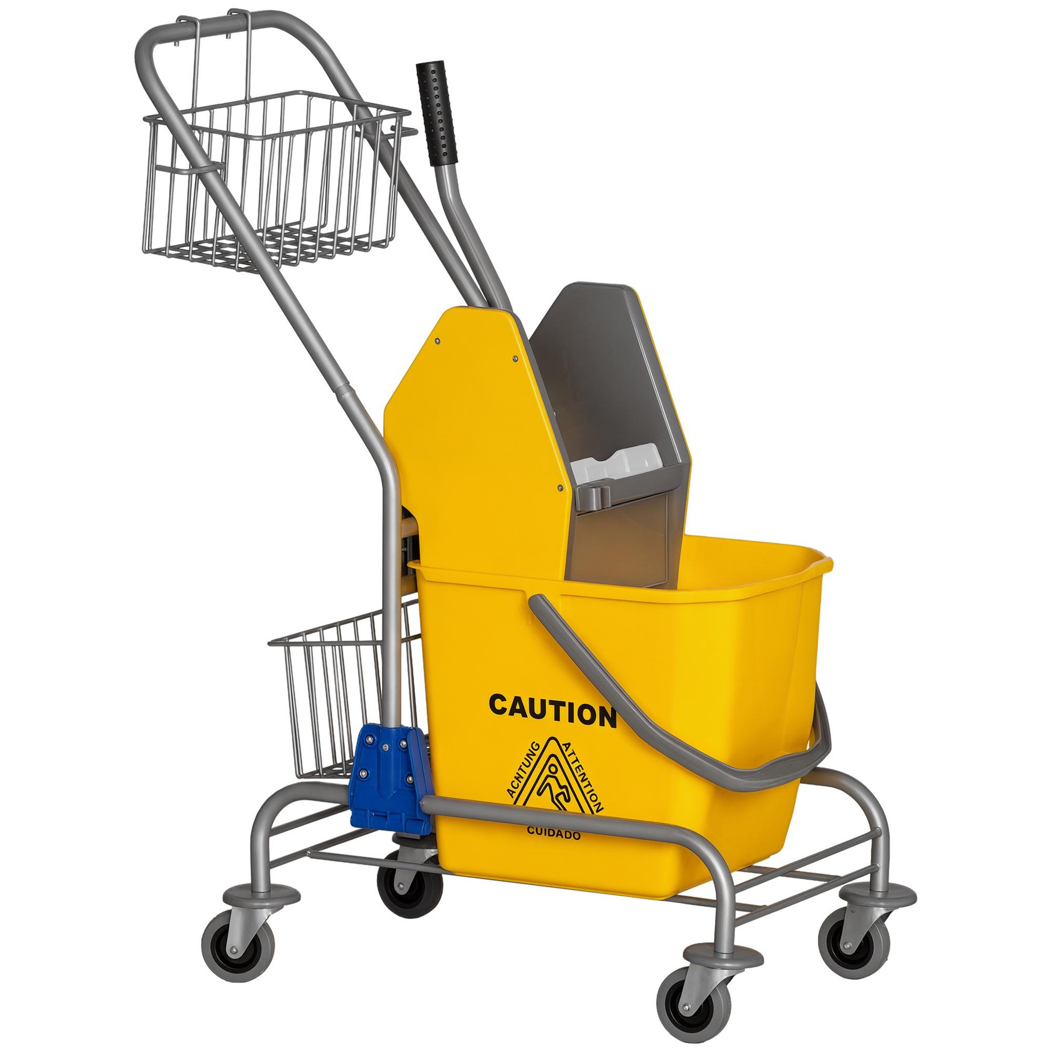 HOMCOM Chariot de lavage chariot de nettoyage professionnel en acier presse à mâchoire seau + rangements jaune