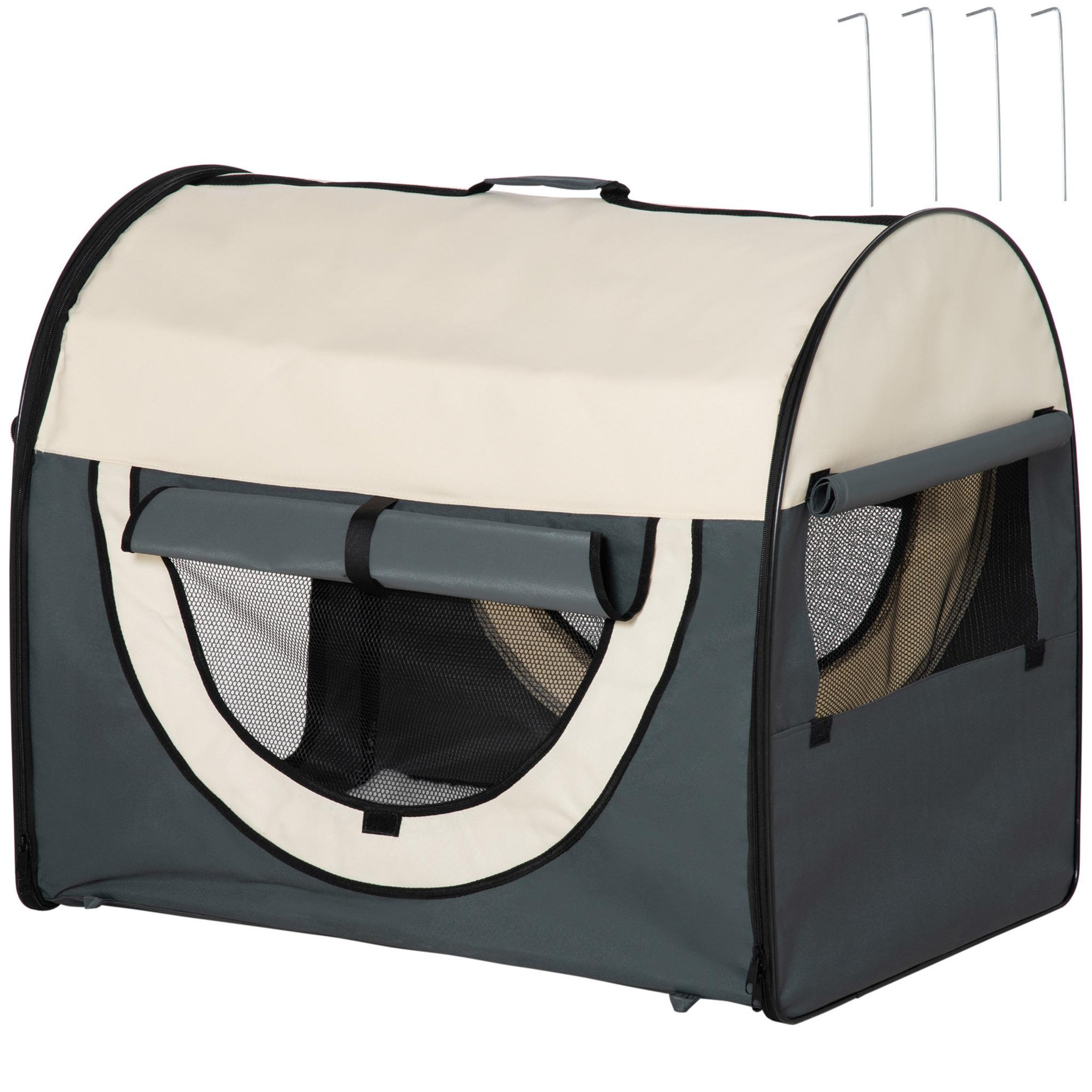 Voir la diapositive 1 : PAWHUT Sac de transport pliable chien chat - poignée, porte, 3 fenêtres, coussin - gris beige