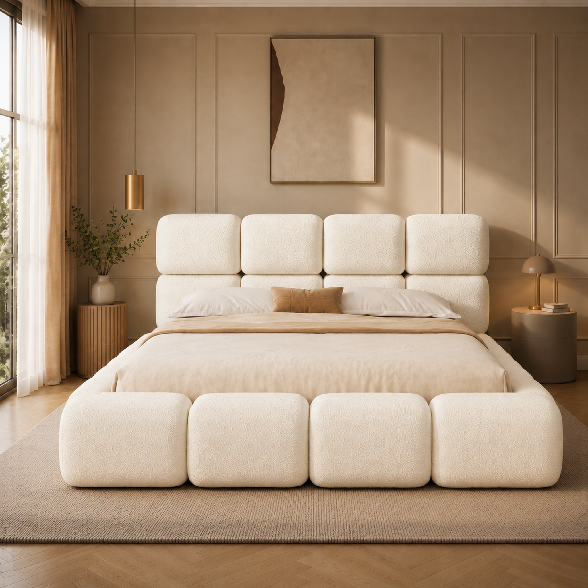 Voir la diapositive 4 : MERAX Lit coffre 160x200 cm double avec sommier tête de lit capitonnée bouclé blanc