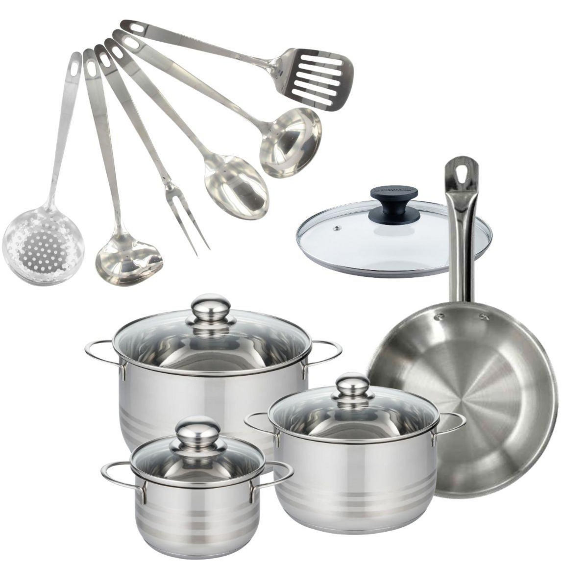 Fackelmann Set 1 poêle 24 cm en inox et couvercle, 3 faitouts inox 16, 20 et 24 cm et 6 ustensiles inox Fackelmann Eterna