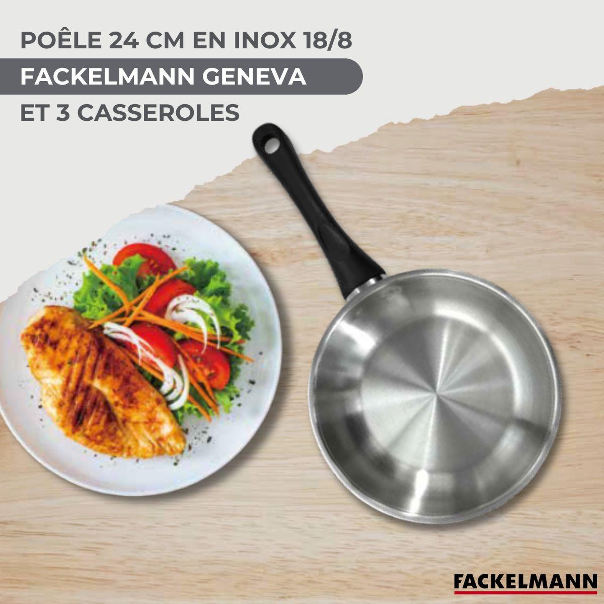 Voir la diapositive 2 : Fackelmann Set 1 poêle 24 cm, 3 casseroles en inox et 6 ustensiles inox fackelmann geneva