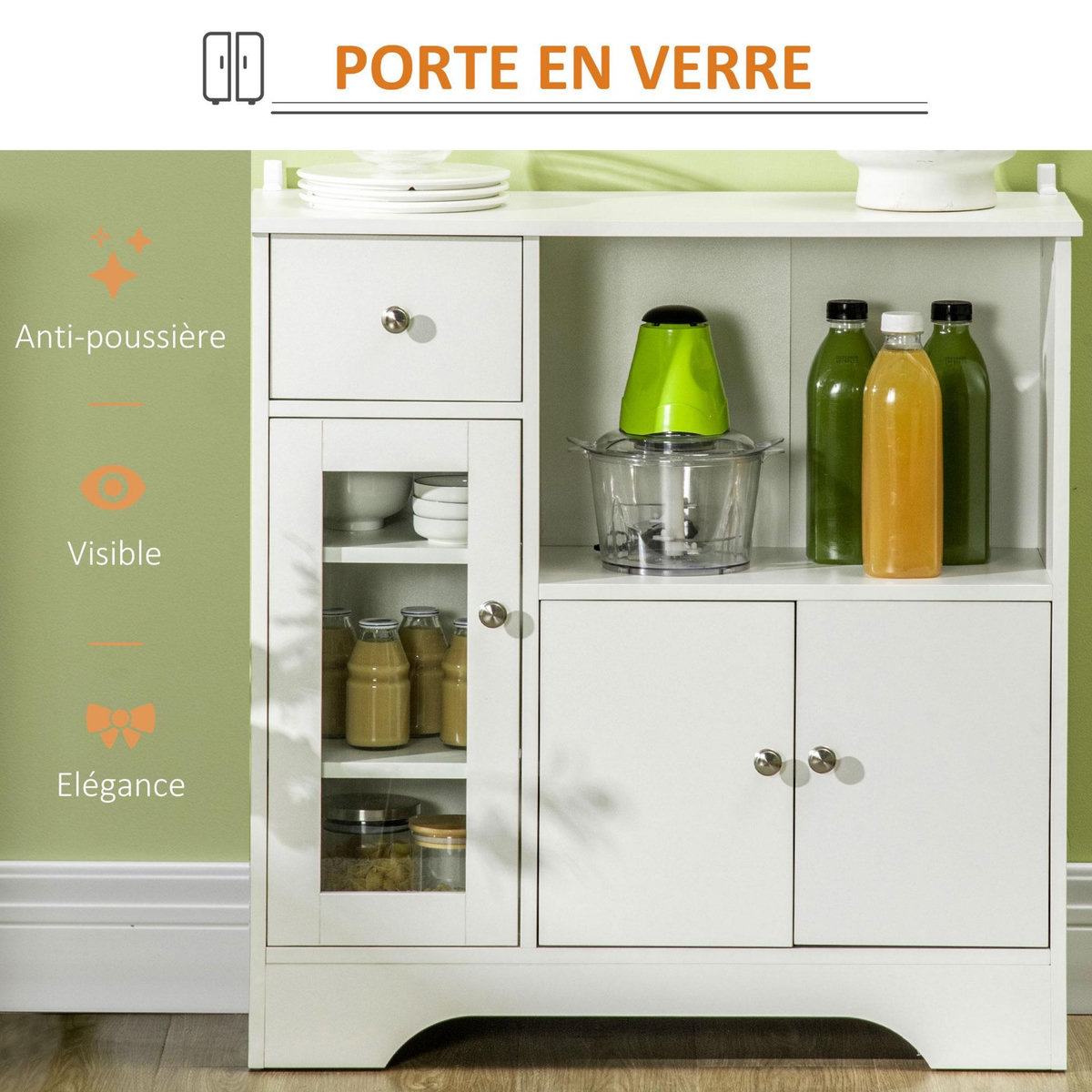 HOMCOM Buffet de cuisine meuble de rangement moderne avec porte en verre, tiroir, grande niche et étagères réglables, 80 x 30 x 82 cm, blanc