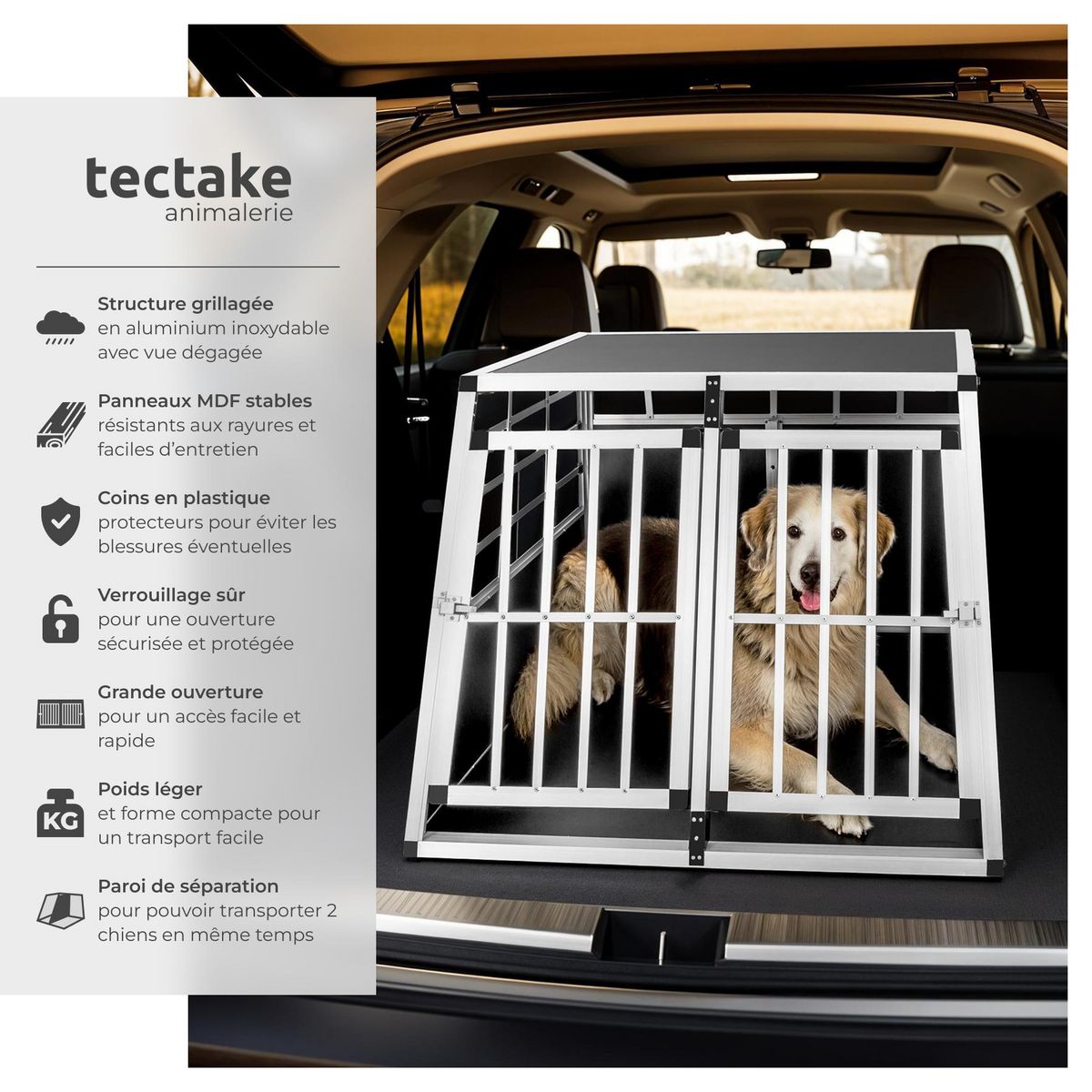tectake Cage de transport pour chiens double sécurisée avec dos droit noir 97 x 90 x 69,5 cm