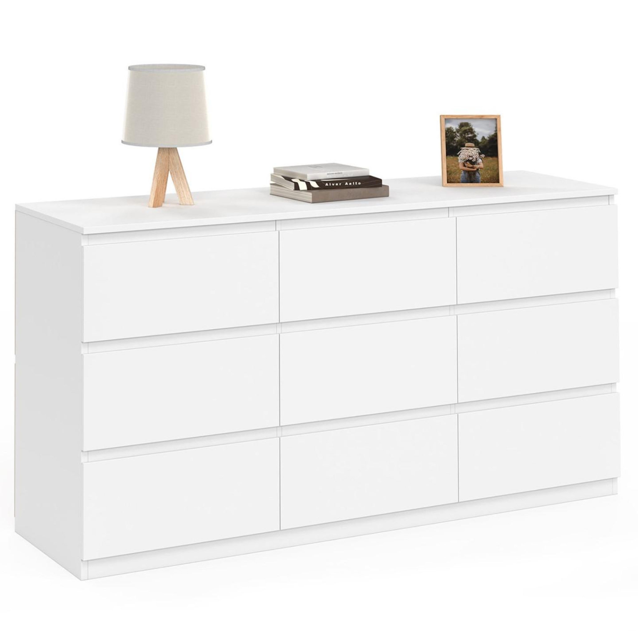 ID MARKET Commode 9 tiroirs tomi xxl 136 cm bois blanc