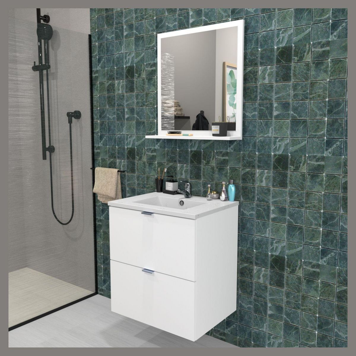 Meuble de salle de bain sous vasque avec vasque encastrée 2 tiroirs, 60cm FARO blanc