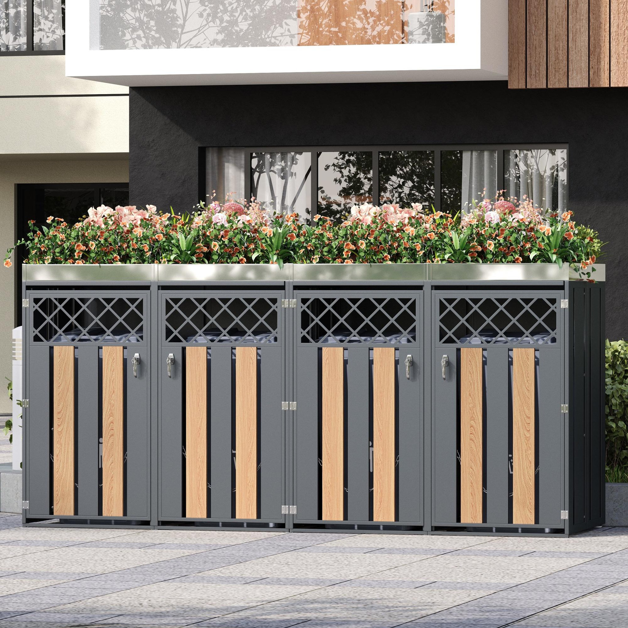 Voir la diapositive 4 : MERAX Cache Poubelle Extérieur Lot de 2 avec Bac à Plantes, Rangement, Gris