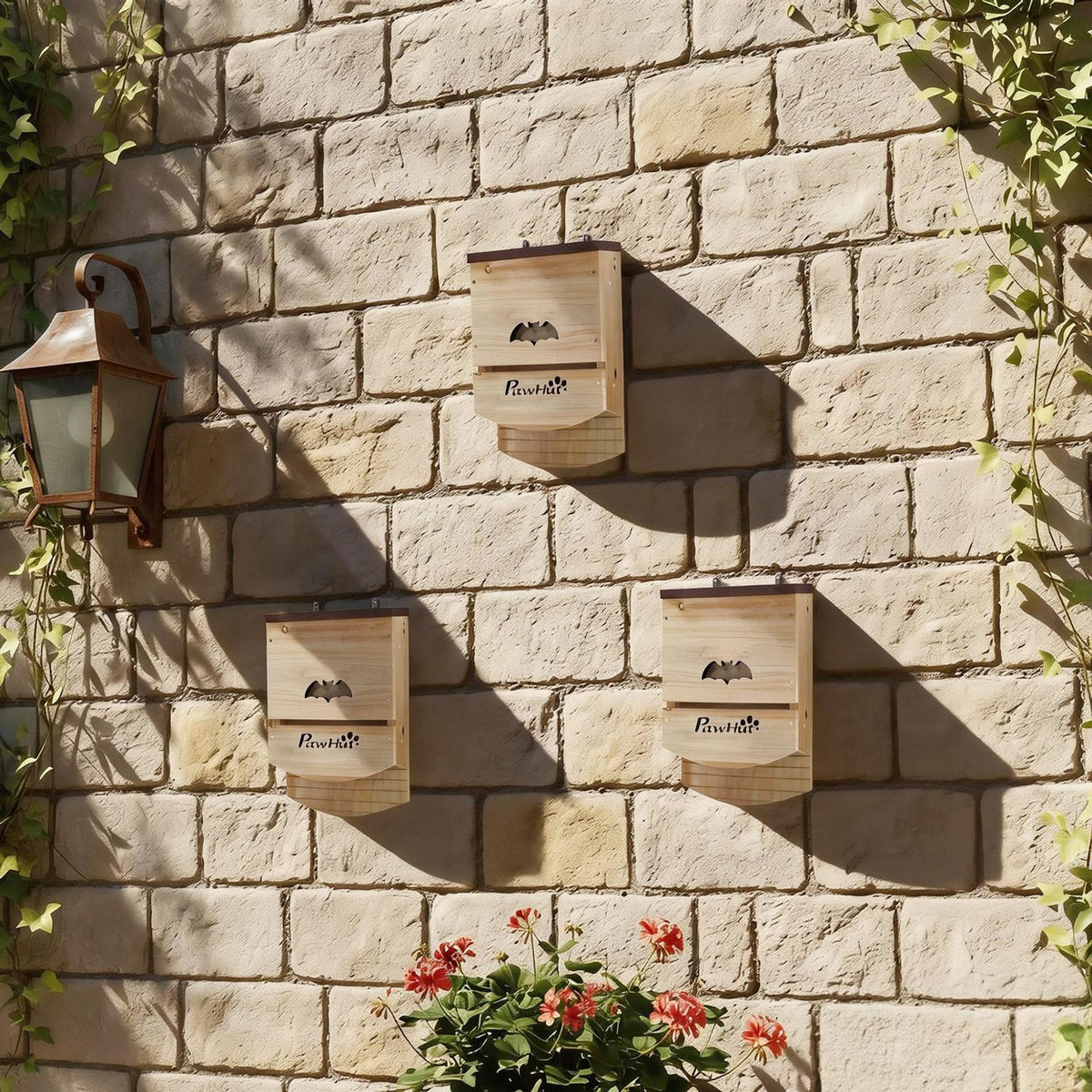 PAWHUT Lot de 3 nichoirs chauve-souris plateforme et 2 chambres bois marron