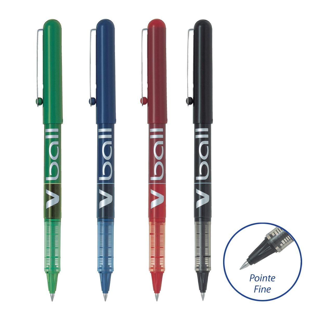 PILOT Lot de 4 stylos roller pointe fine 0.5mm noir/bleu/vert/rouge V-Ball 0.5
