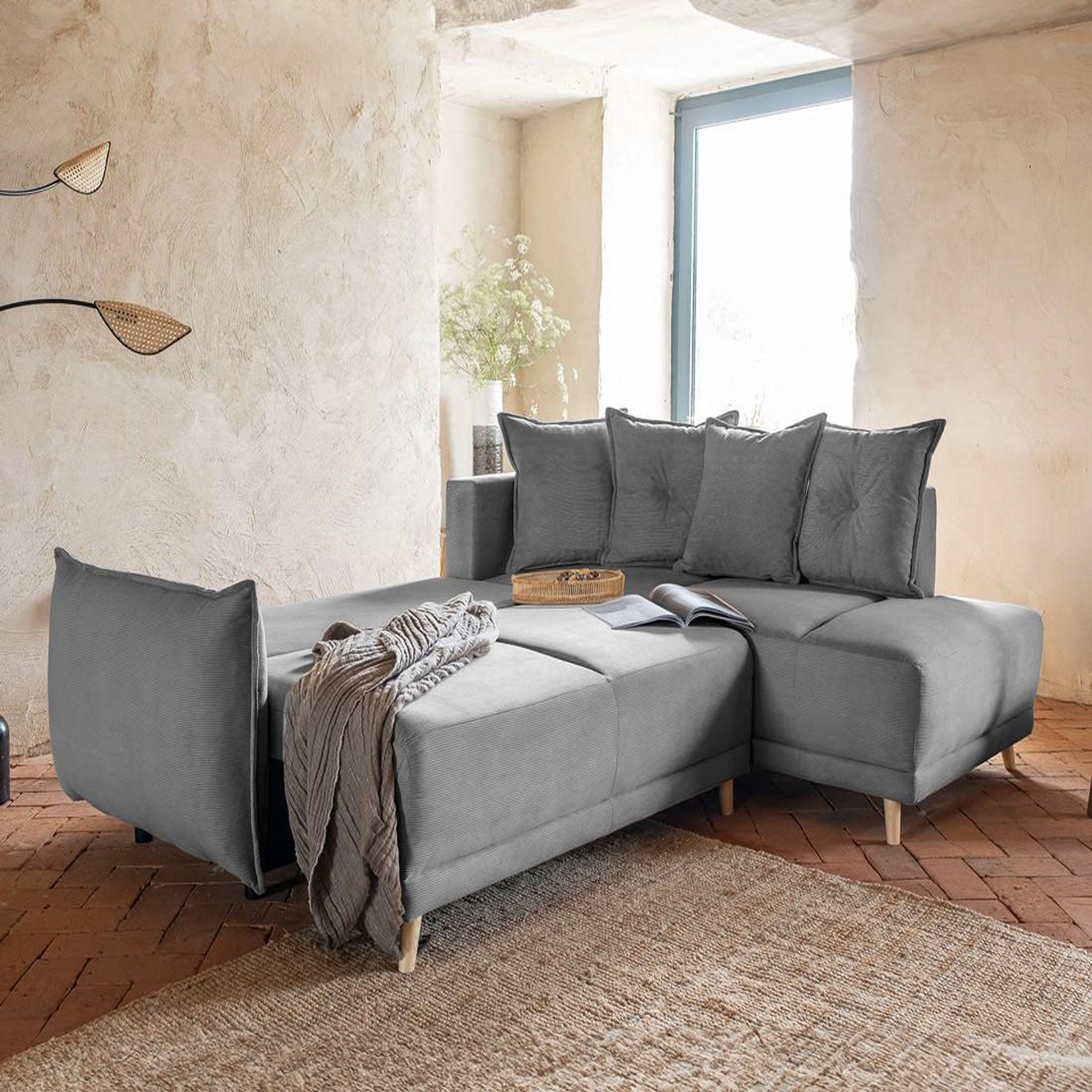 Voir la diapositive 2 : BEST MOBILIER Lena - canapé d'angle droit 5 places - convertible avec coffre - en velours côtelé