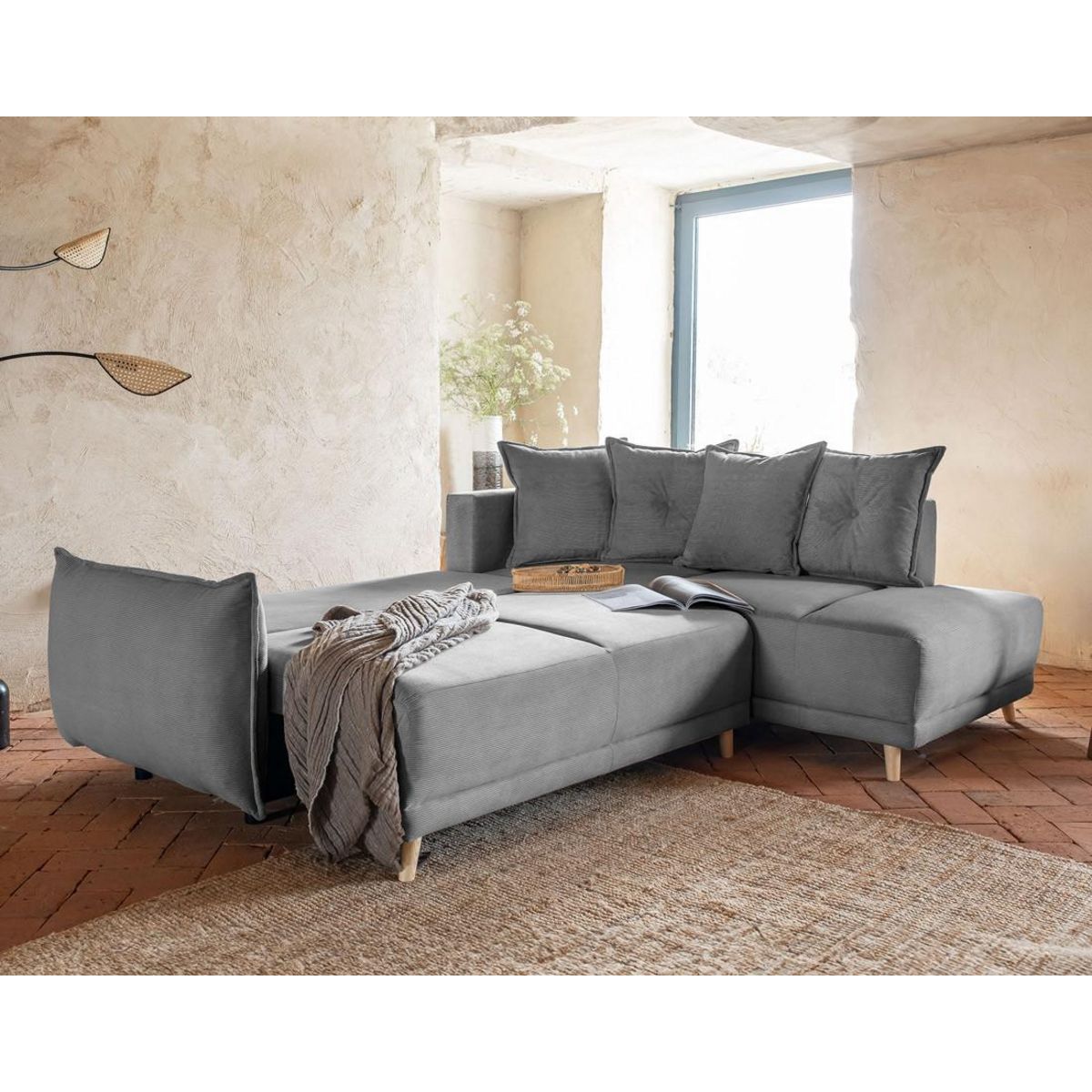 BEST MOBILIER Lena - canapé d'angle droit 5 places - convertible avec coffre - en velours côtelé