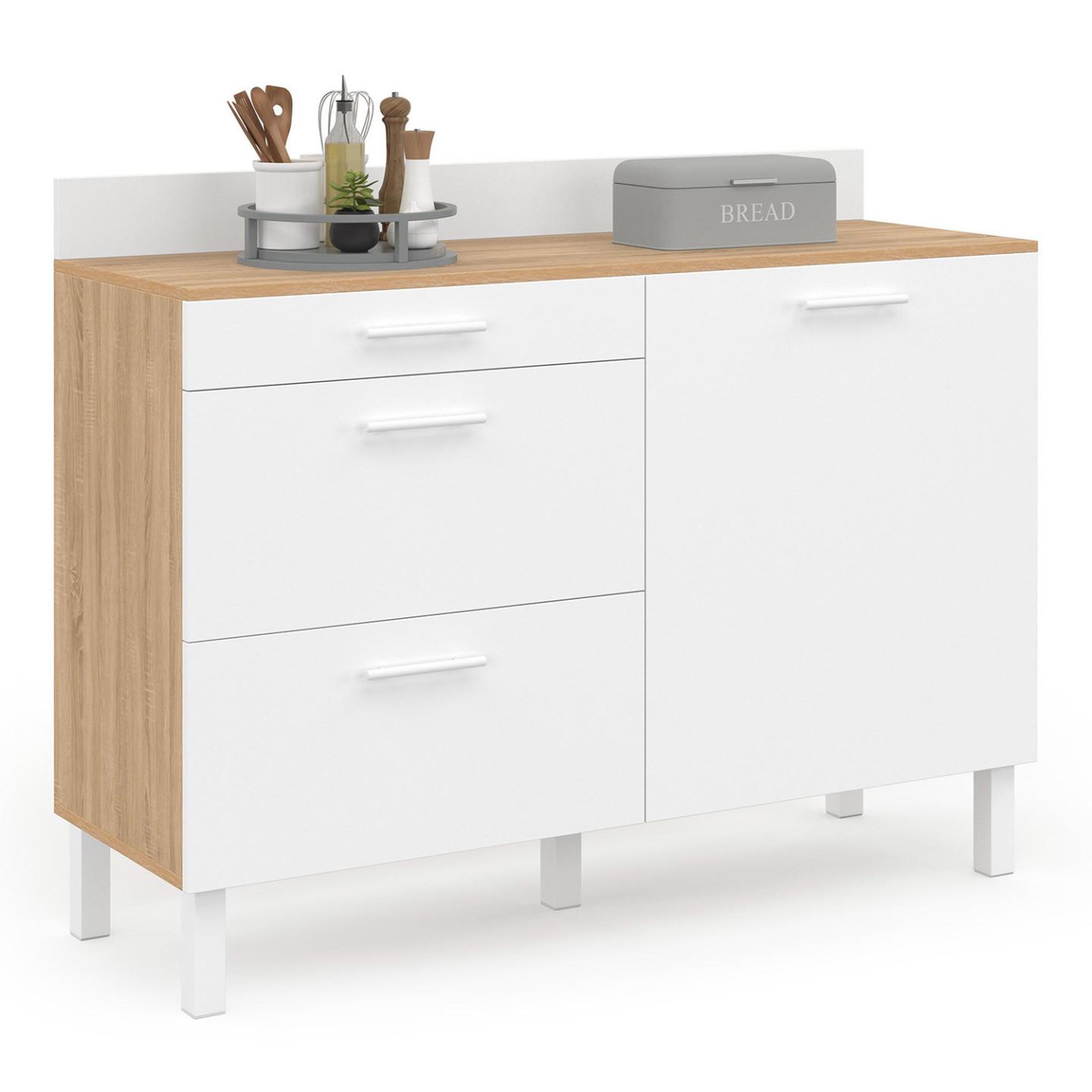 Voir la diapositive 3 : ID MARKET Buffet bas de cuisine 120 cm casserolier cina plan de travail h.83 cm 1 porte + 3 tiroirs façon hêtre et blanc