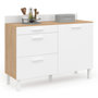 Voir la diapositive 3 : ID MARKET Buffet bas de cuisine 120 cm casserolier CINA plan de travail H.83 cm 1 porte + 3 tiroirs façon hêtre et blanc