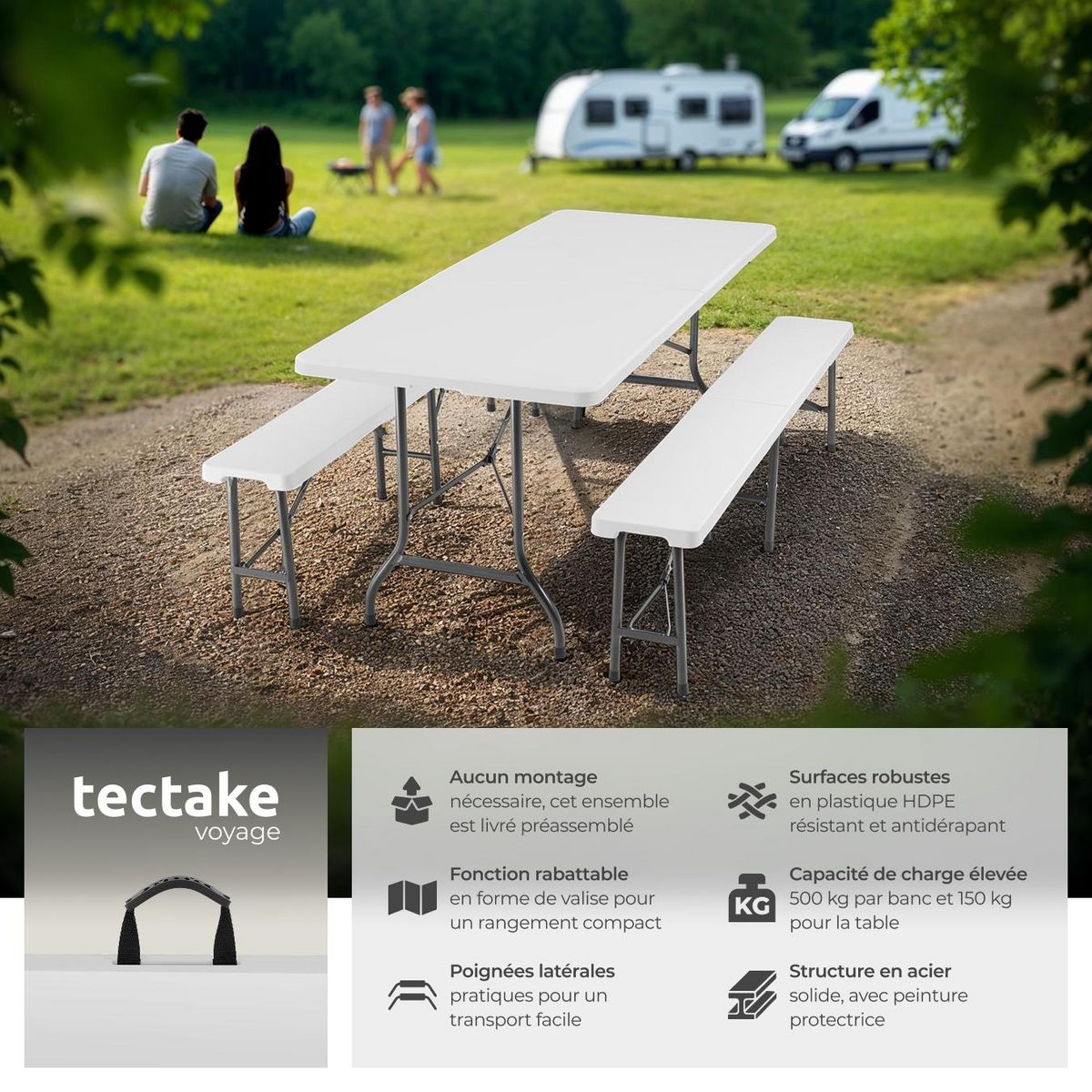 tectake Ensemble de table de camping pliable blanc