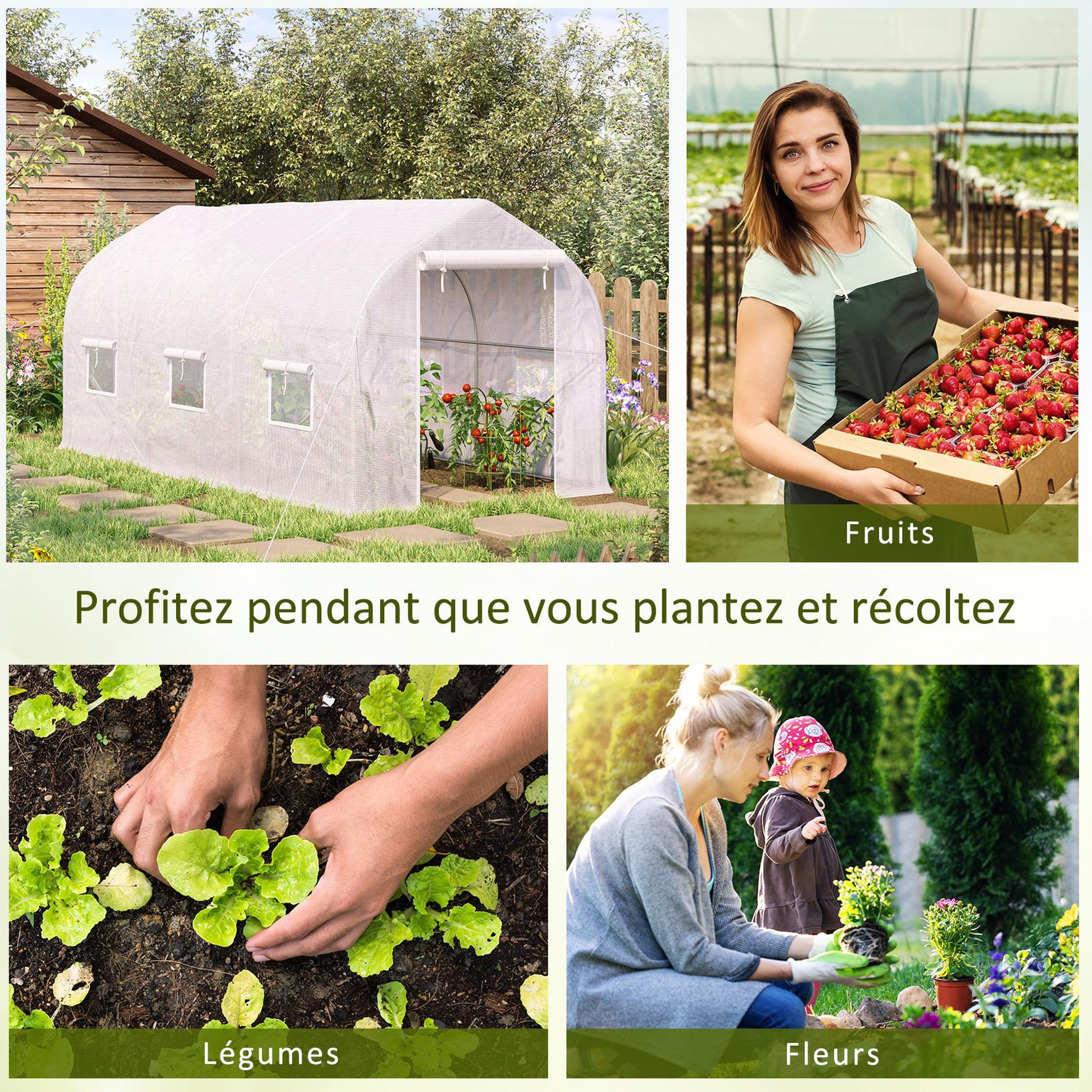 Voir la diapositive 6 : OUTSUNNY Serre tunnel de jardin 8 m² - 2 portes, 6 fenêtres - métal galvanisé bâche PE blanc