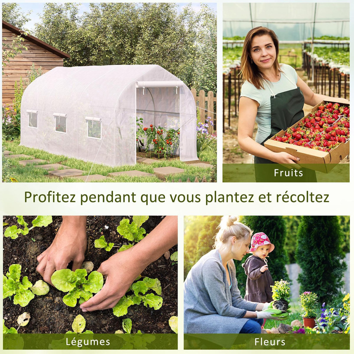 OUTSUNNY Serre tunnel de jardin 8 m² - 2 portes, 6 fenêtres - métal galvanisé bâche PE blanc