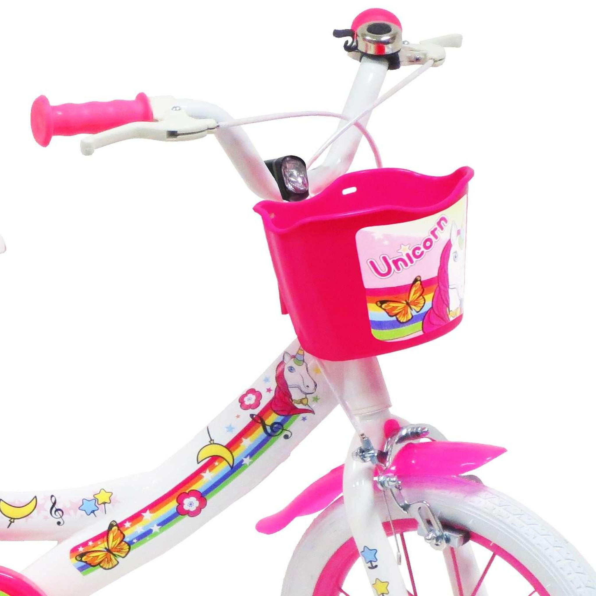 Voir la diapositive 4 : Vélo enfant - Modèle 14'' Fille Licorne / Unicorn pour enfant de 95/110 cm avec stabilisateurs - Panier avant - Porte poupée arrière - 2 freins