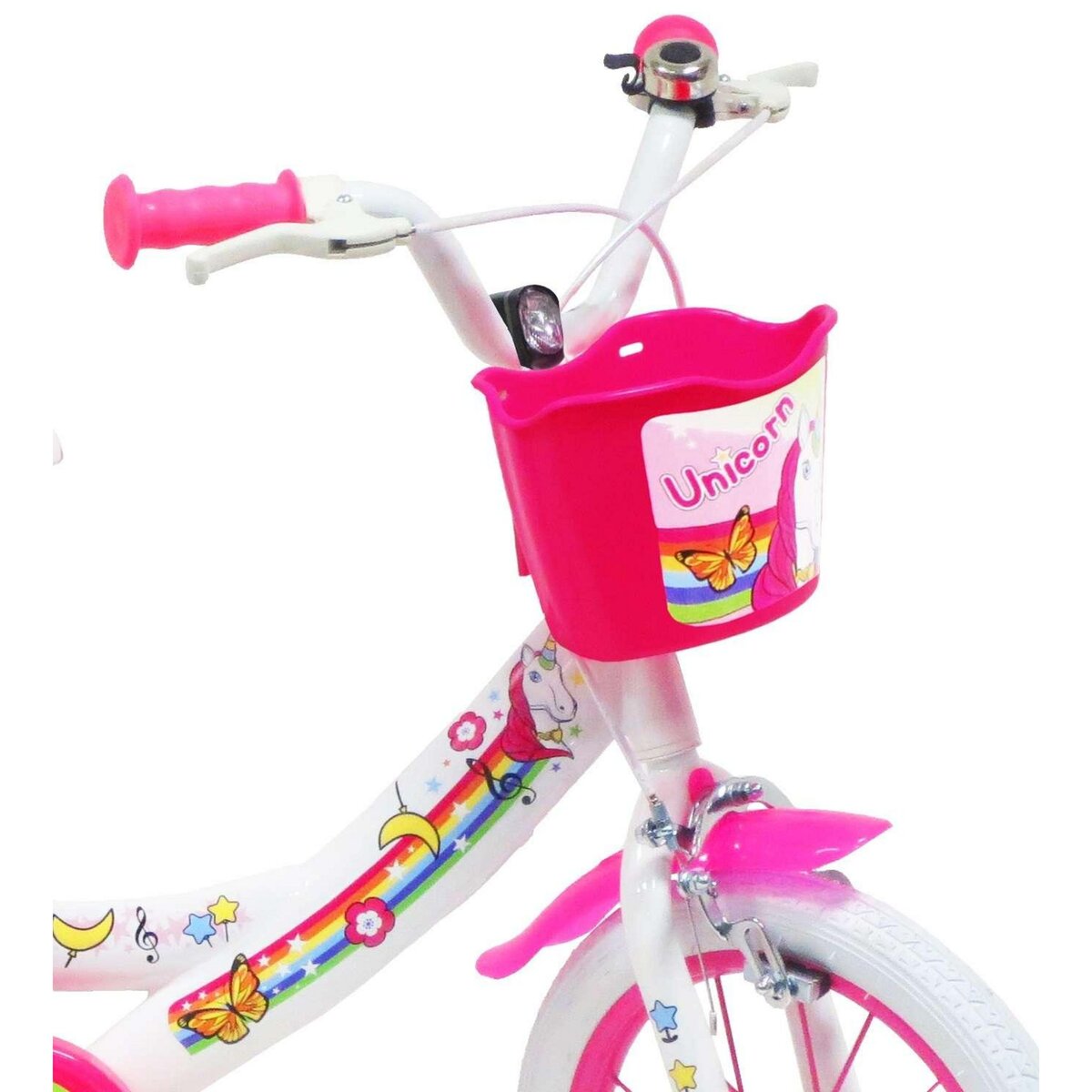 Vélo enfant - Modèle 14'' Fille Licorne / Unicorn pour enfant de 95/110 cm avec stabilisateurs - Panier avant - Porte poupée arrière - 2 freins