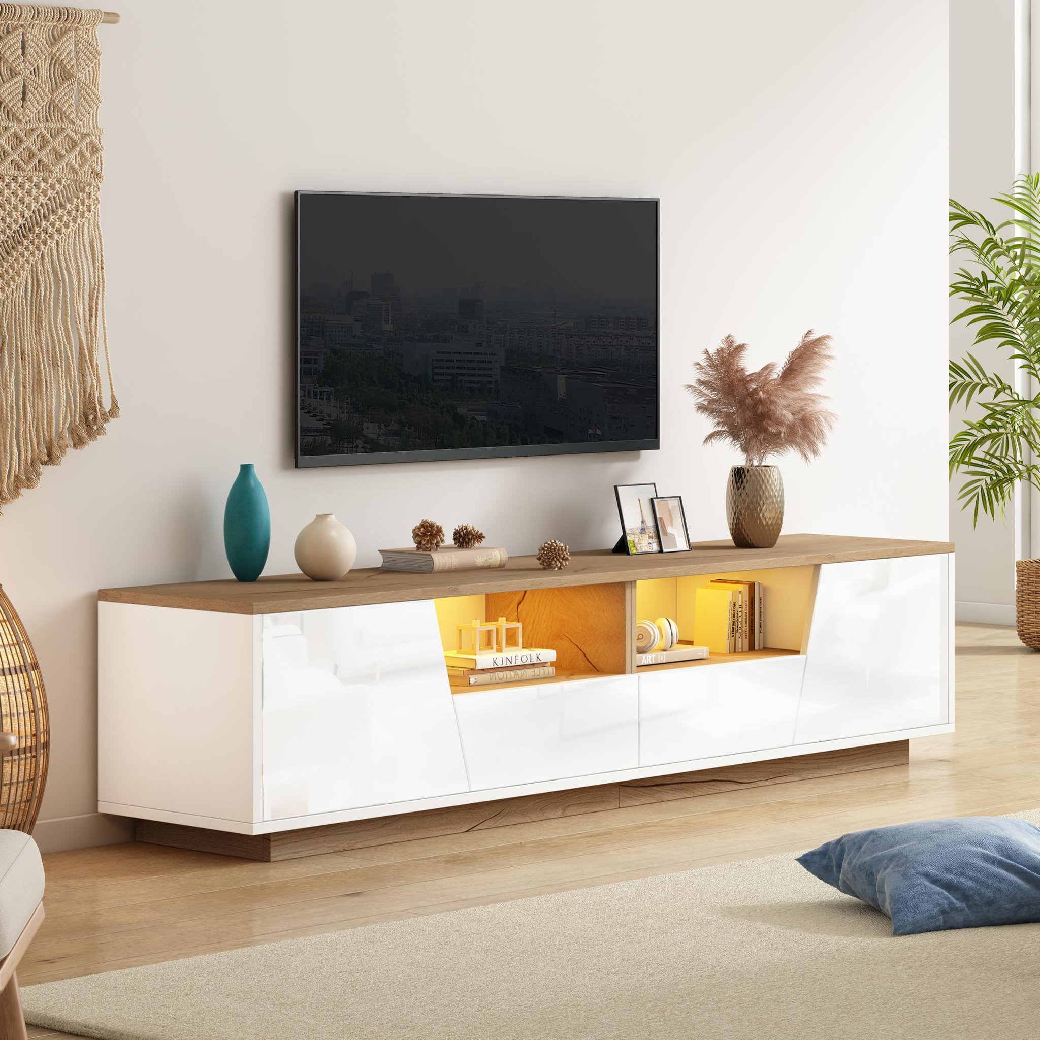 Voir la diapositive 4 : MERAX Meuble tv blanc+naturel 180 cm led panneau de particules