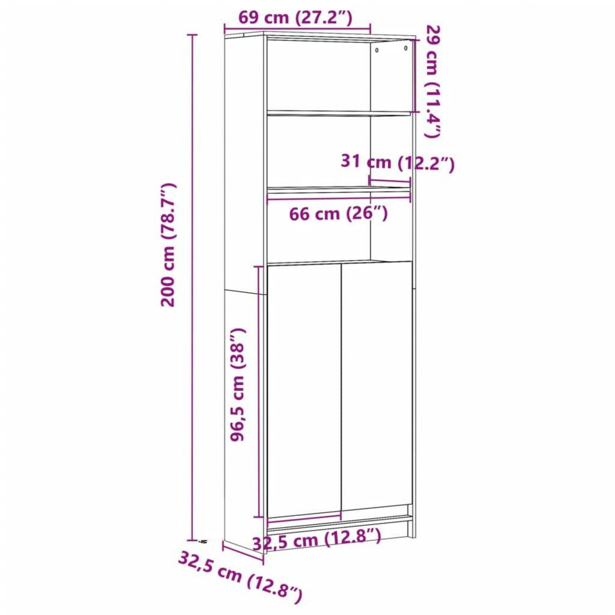 VIDAXL Buffet haut avec LED gris beton 69x32,5x200cm bois d'ingenierie