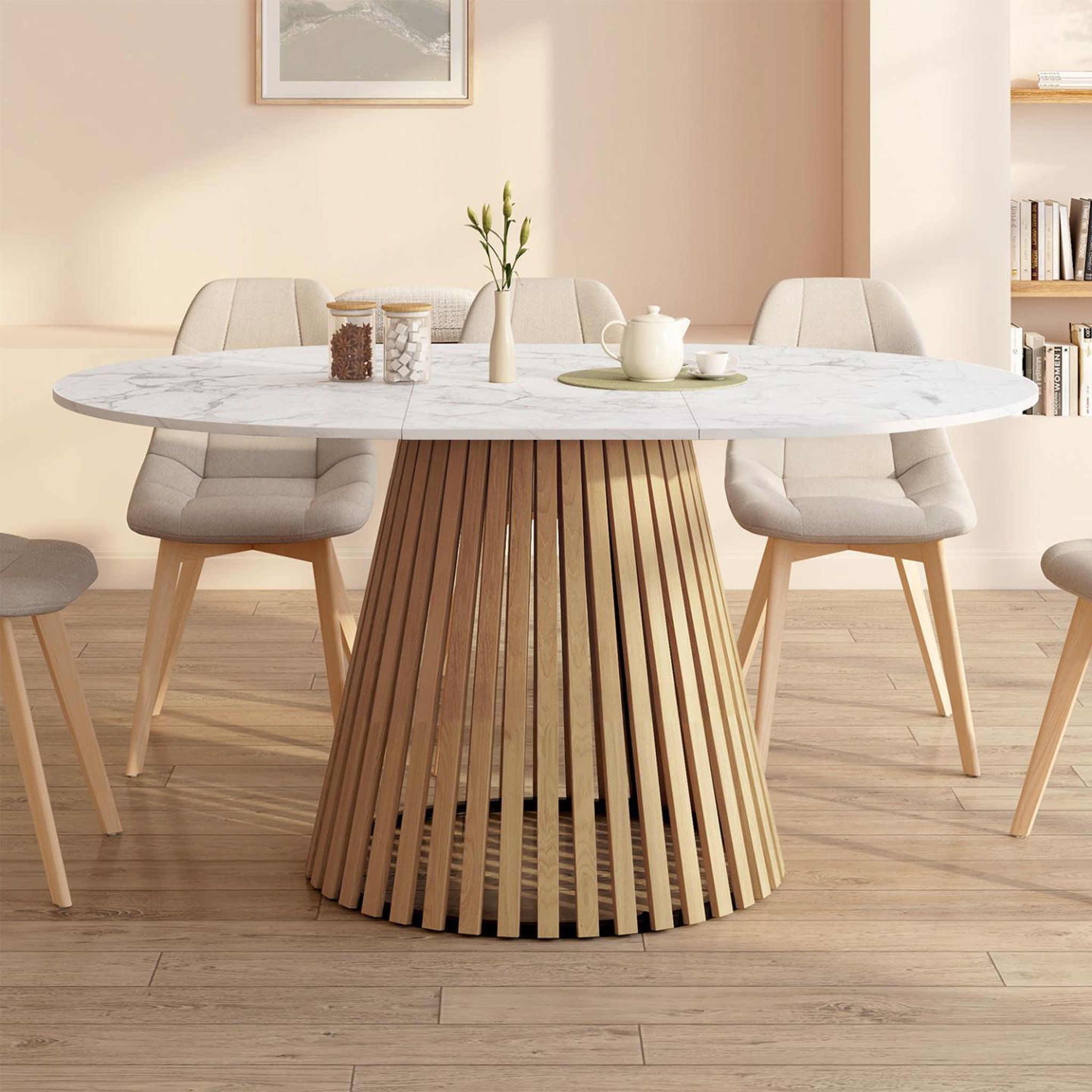 Voir la diapositive 2 : ID MARKET Table à manger extensible ronde carmen 4-8 personnes pied bois en lattes et plateau marbre blanc alaska 110 - 150 cm