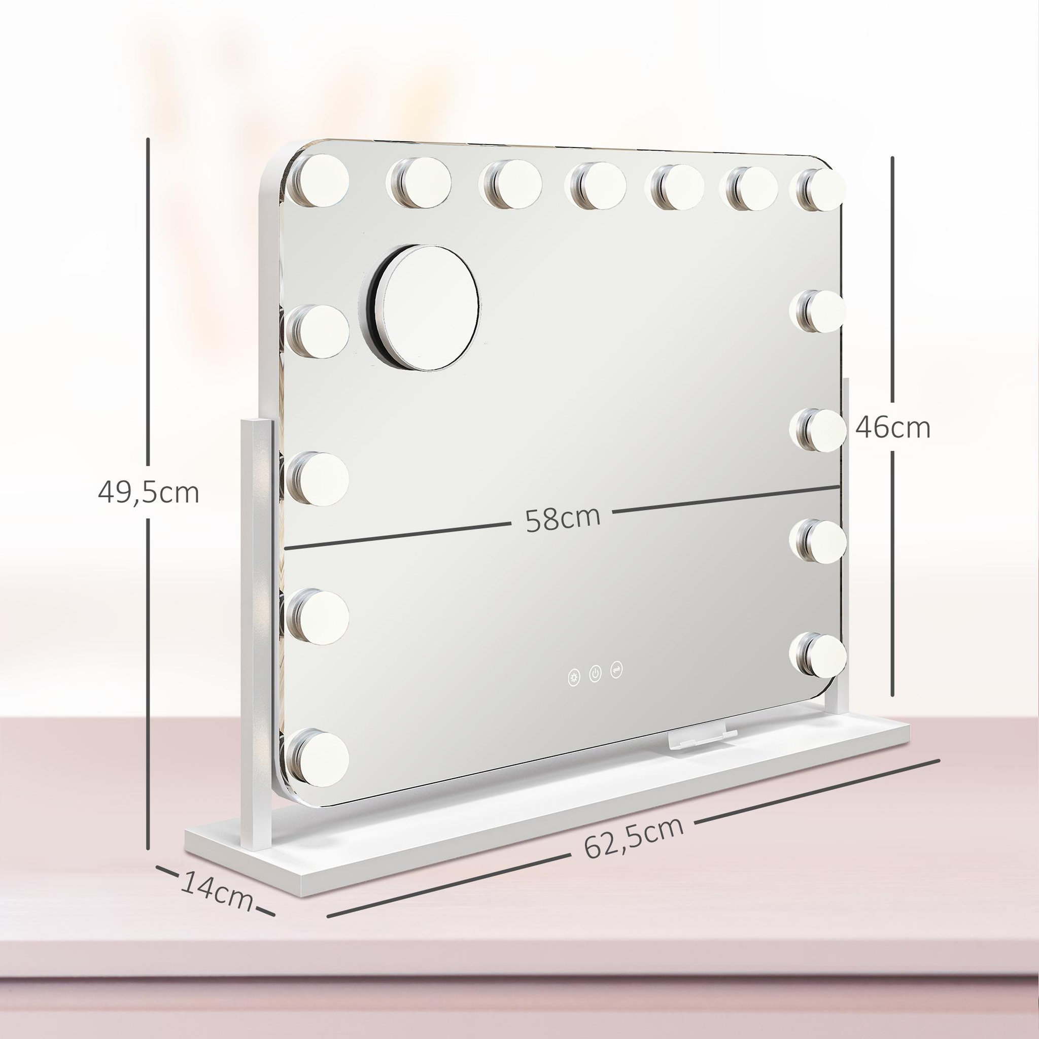 Voir la diapositive 3 : HOMCOM Miroir maquillage hollywood lumineux led intensité réglable grossissant rotatif charge usb support blanc