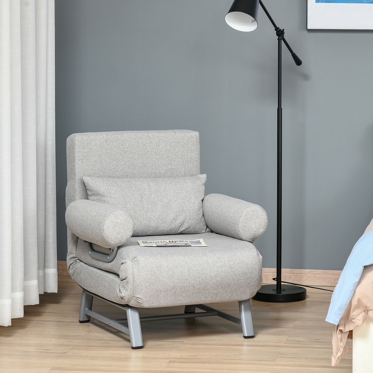 HOMCOM Fauteuil chauffeuse canapé-lit convertible inclinable 1 place grand confort coussin lombaires accoudoirs piètement métal lin gris clair
