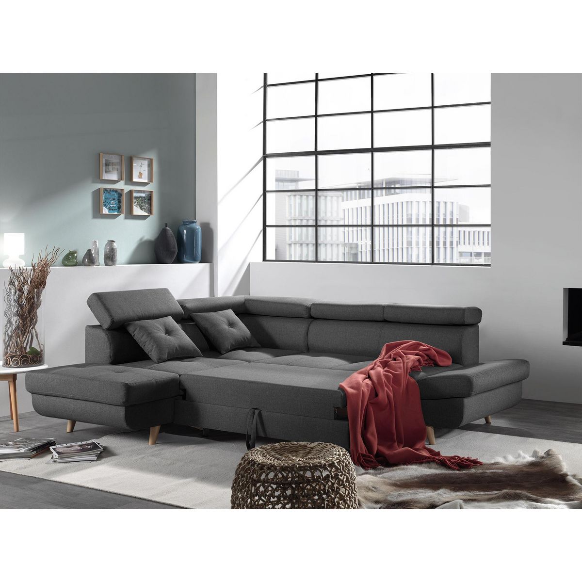 BEST MOBILIER Linea - canapé d'angle gauche convertible - 5 places - avec têtières