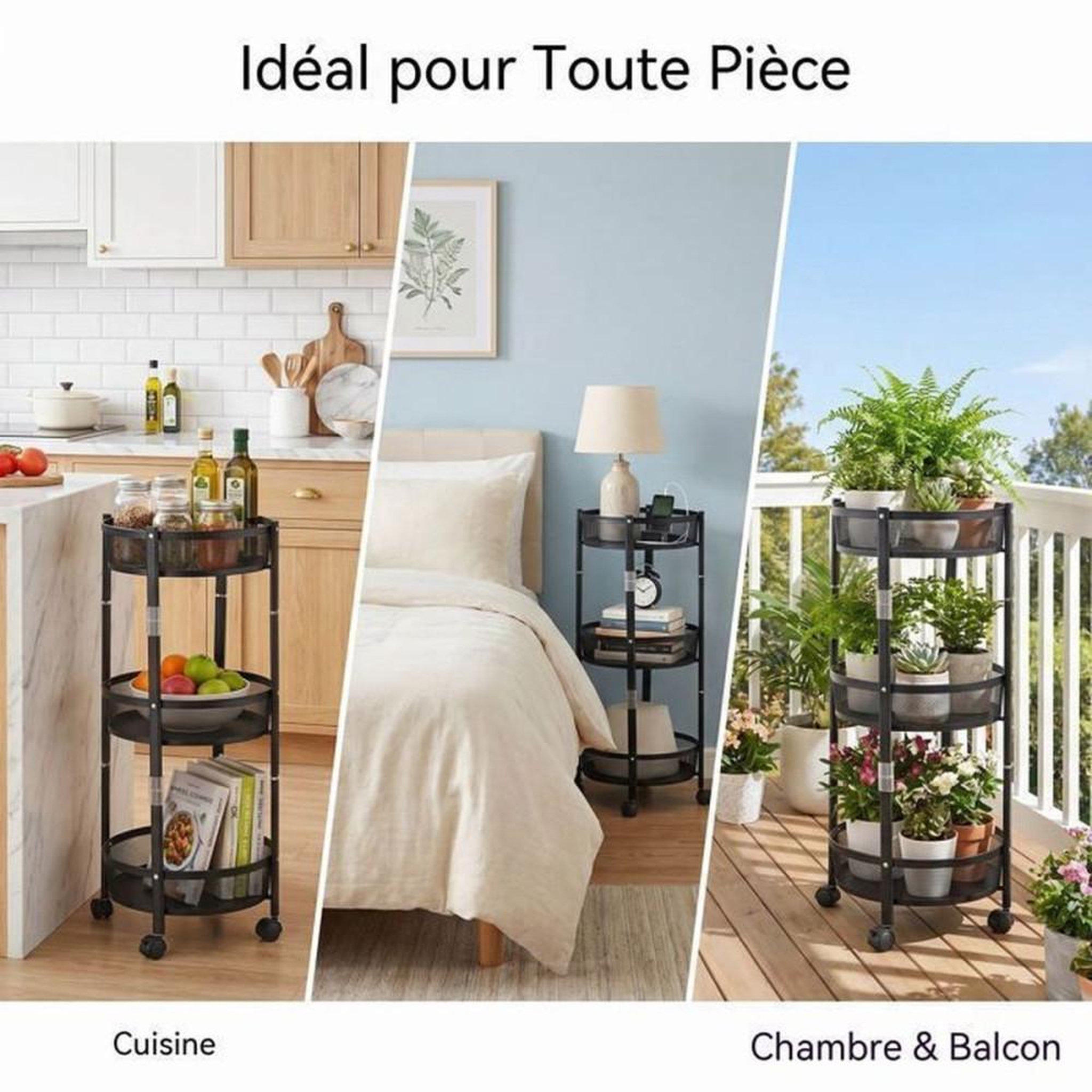 Voir la diapositive 6 : Chariot de rangement rond pliable 3 niveaux en acier noir, paniers grillagés, roulettes 360°
