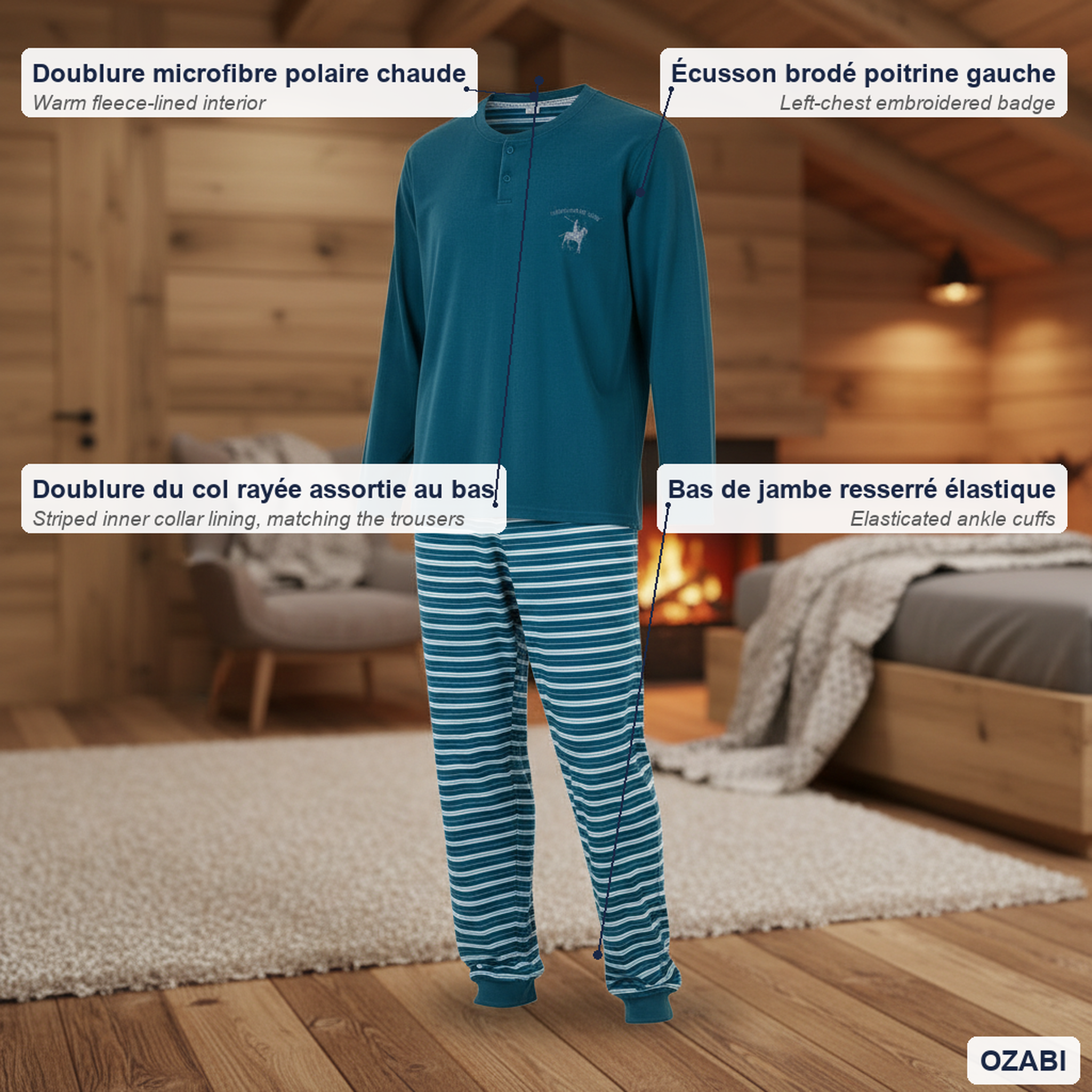 Voir la diapositive 5 : OZABI Ozabi pyjama homme doublé polaire écusson brodé