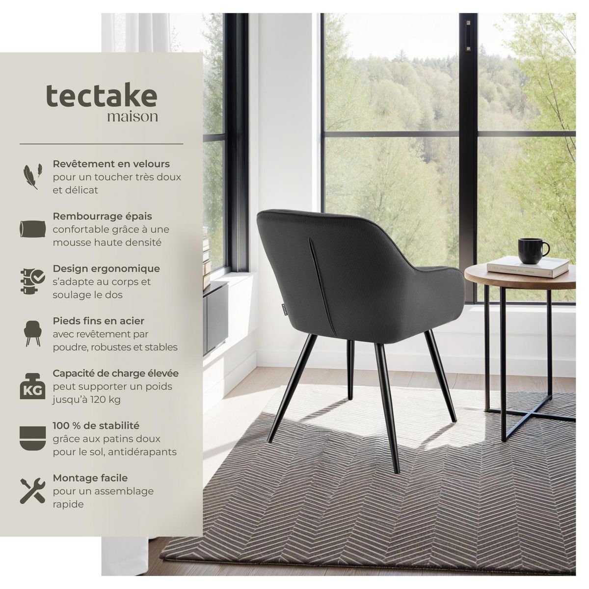 tectake Chaise de salle à manger rembourrée en velours côtelé anthracite-noir Lot de 2
