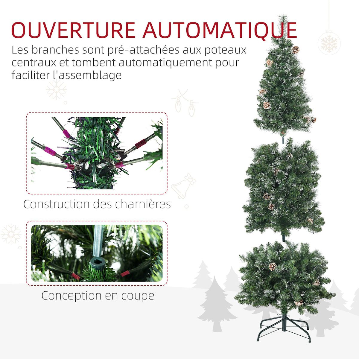 HOMCOM Sapin de Noël artificiel aspect enneigé Ø 65 x 180H cm 37 pommes de pin 618 branches épines imitation Nordmann grand réalisme
