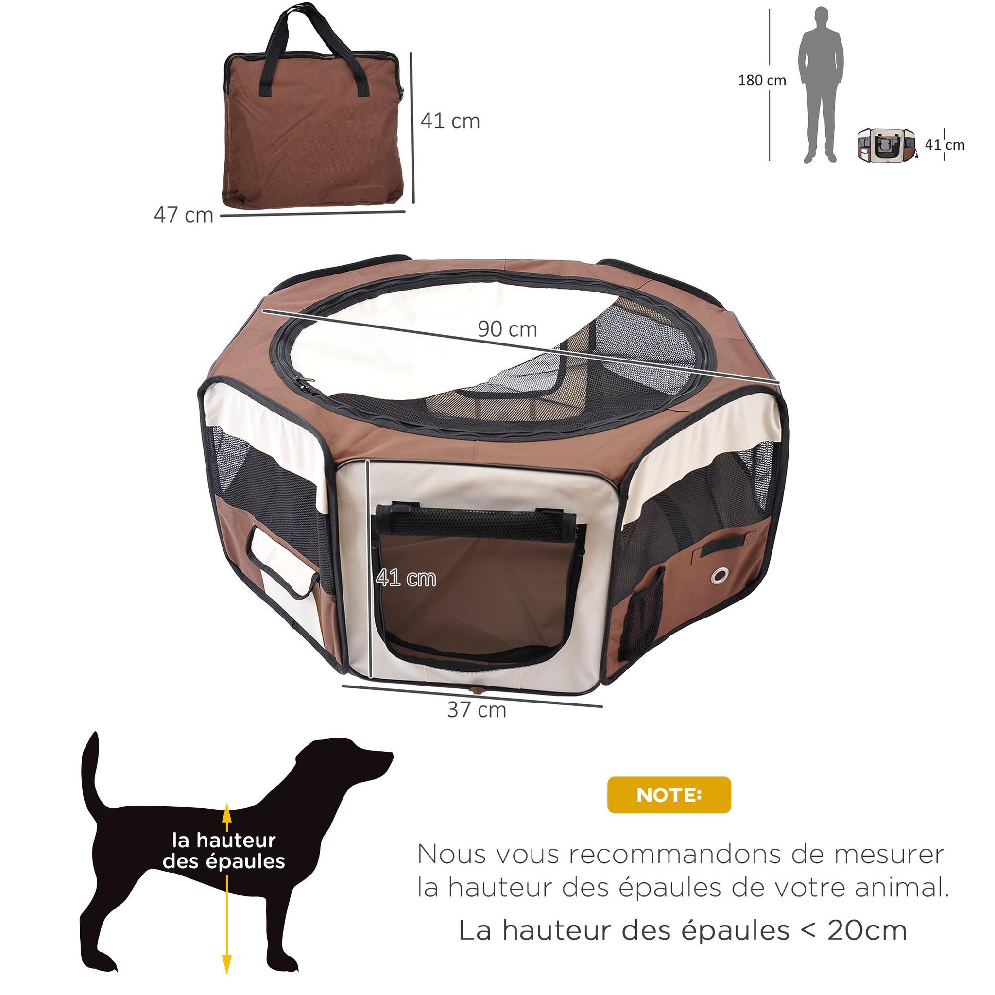 Voir la diapositive 6 : PAWHUT Parc enclos pliable chien chat Ø 90 x 41H cm - 2 portes, 2 poches, sac transport - acier Oxford marron beige