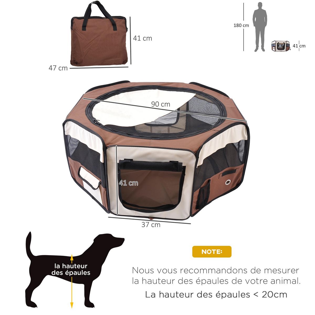 PAWHUT Parc enclos pliable chien chat Ø 90 x 41H cm - 2 portes, 2 poches, sac transport - acier Oxford marron beige