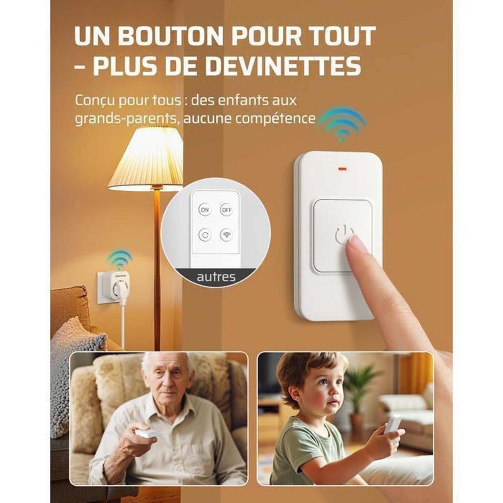 Voir la diapositive 2 : Prise connectée sans fil pour télécommande, type E/F, 16 A 3680 W, portée jusqu'à 30 m, 1 bouton, blanc