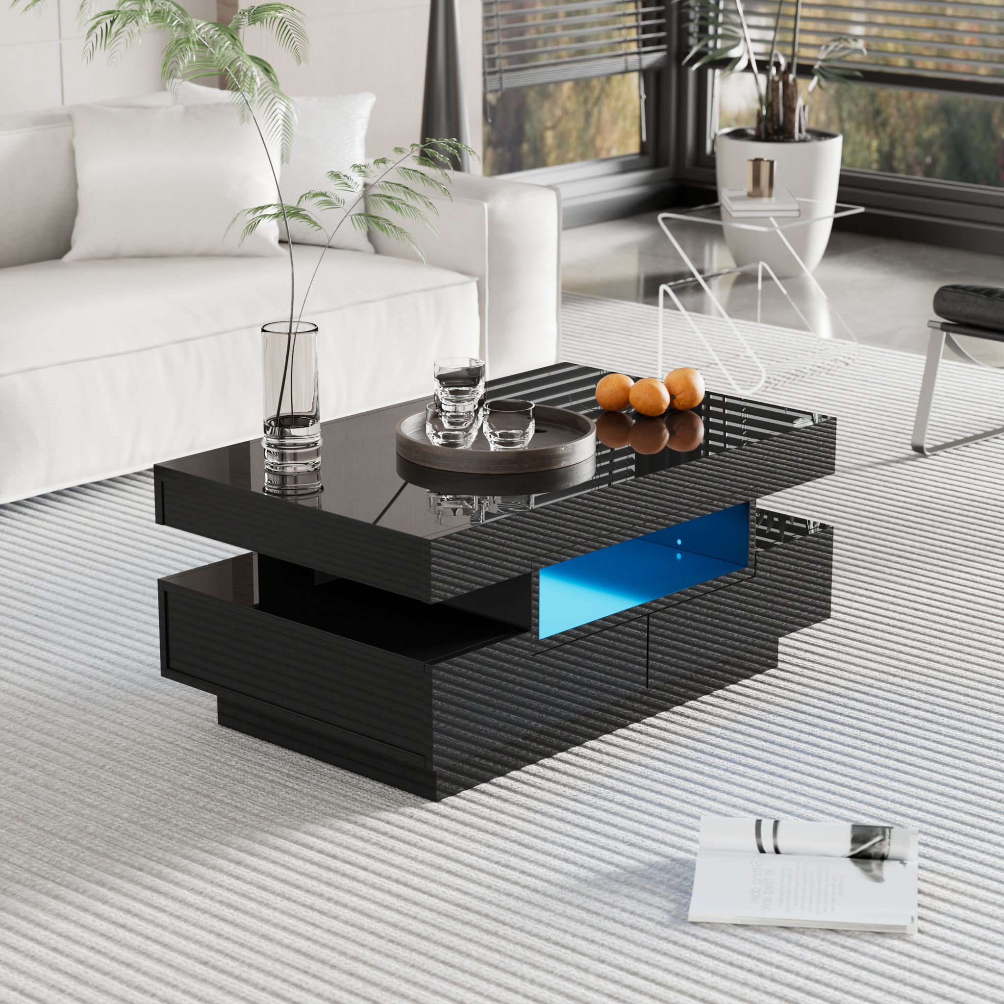 Voir la diapositive 2 : MERAX Table Basse Brillante Avec Bande Lumineuse LED Et 4 Tiroirs
