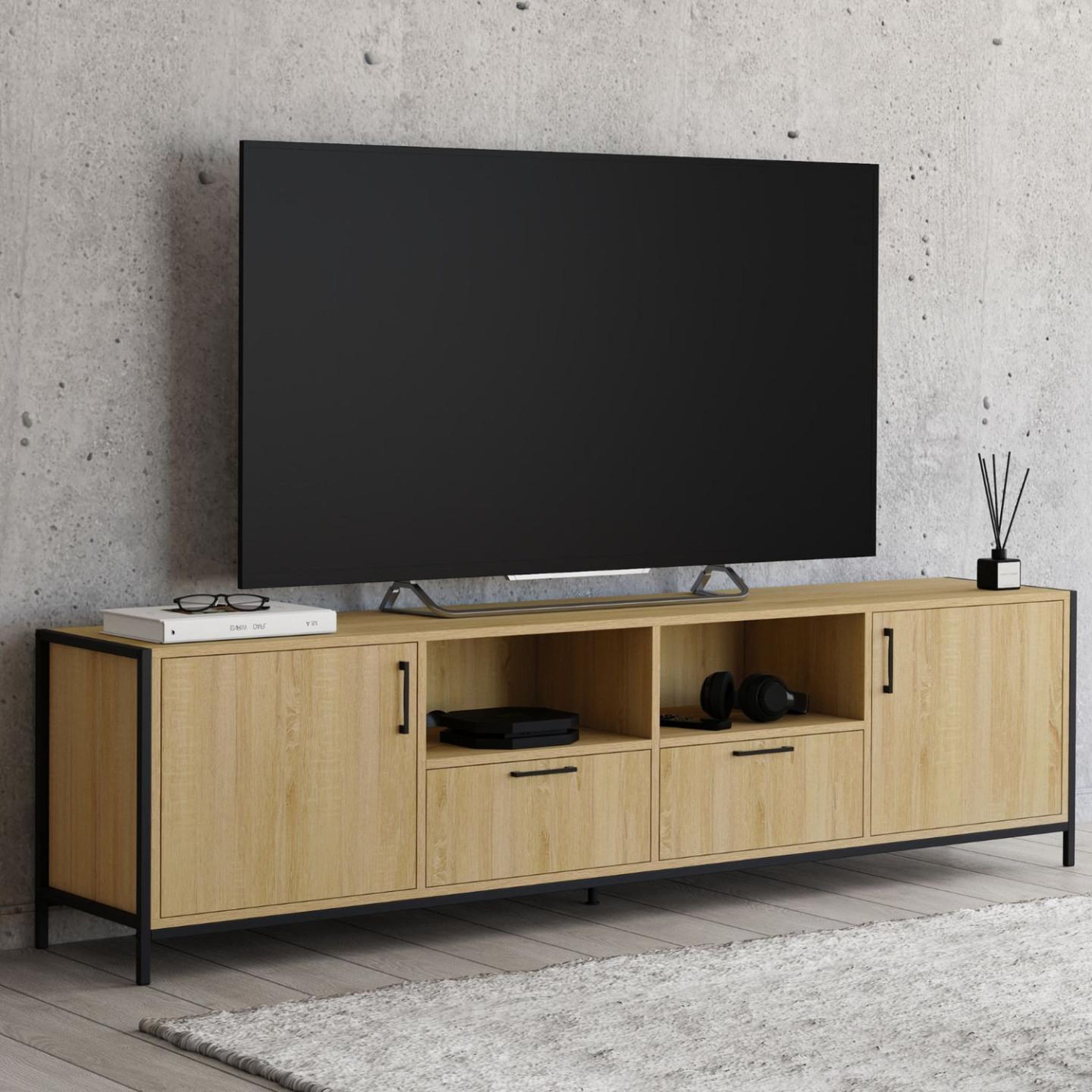 Voir la diapositive 2 : ID MARKET Meuble tv 180 cm detroit 2 portes 2 tiroirs design industriel