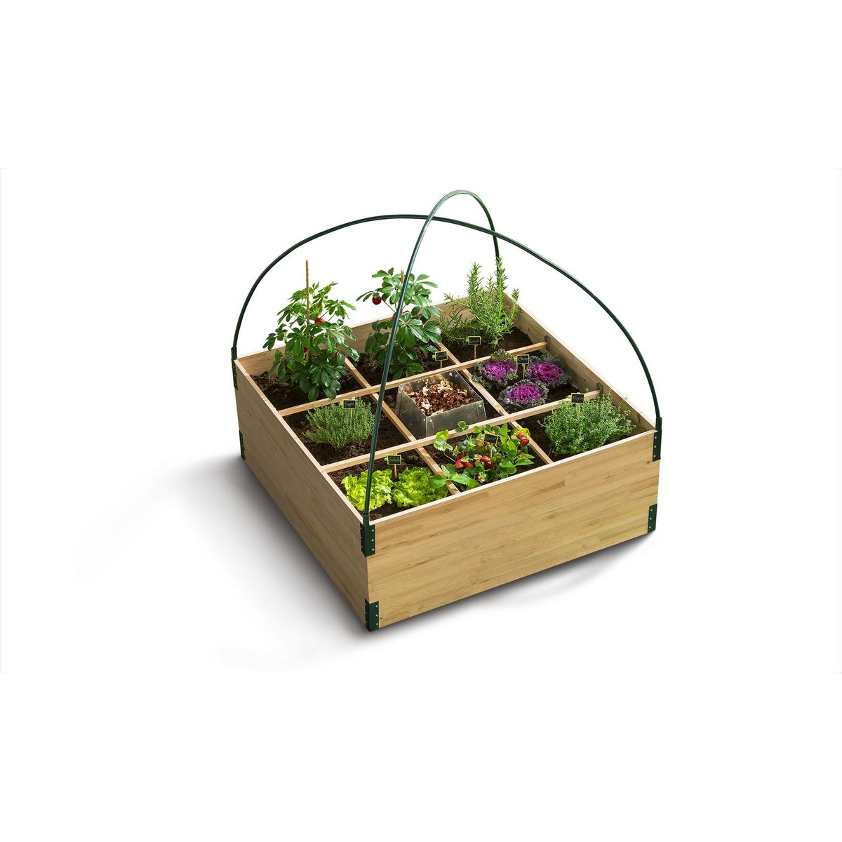 Jardikt Carré potager avec serre et composteur intégré - 9 compartiments - AROMA