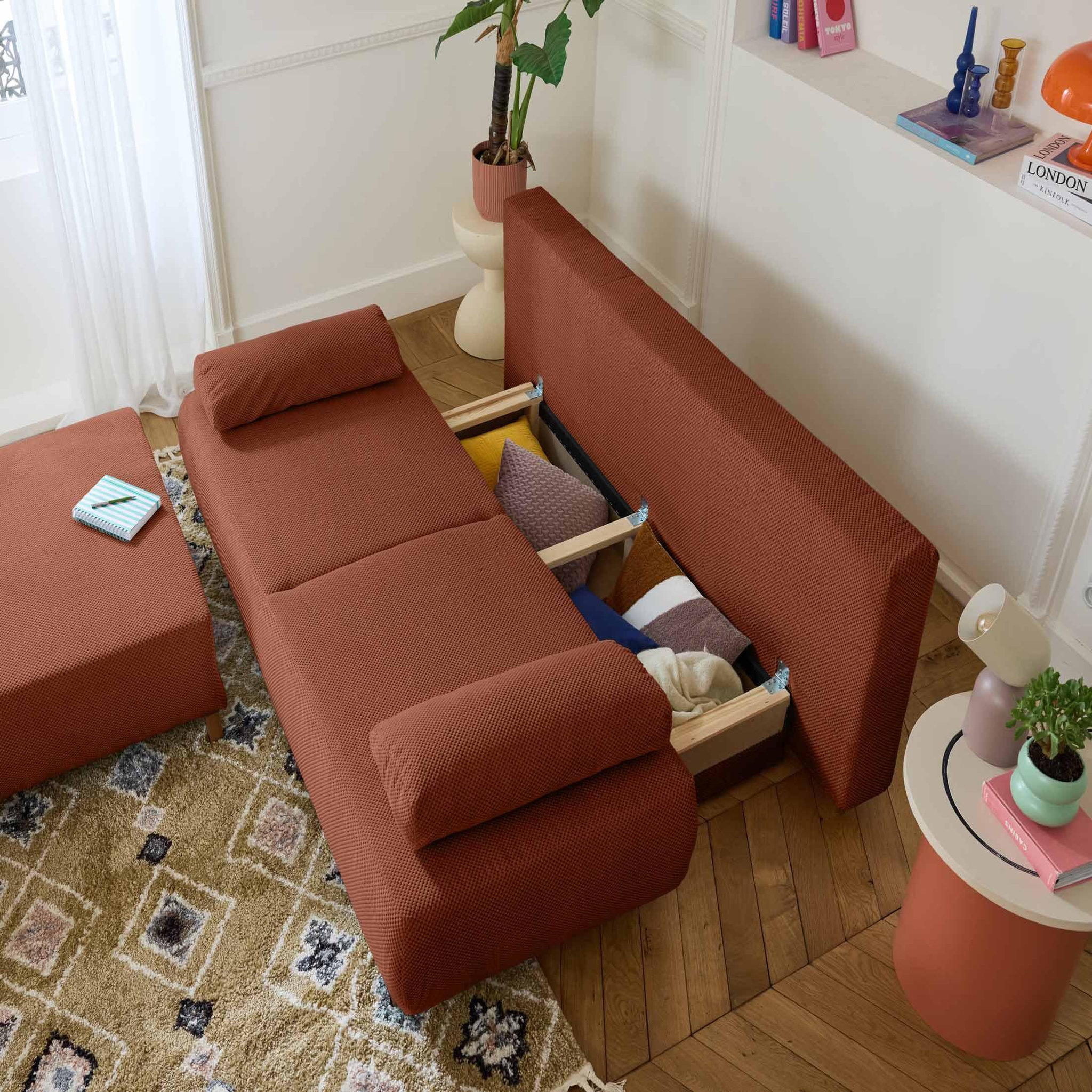 Voir la diapositive 3 : BEST MOBILIER Cristal - canapé 3 places - convertible avec coffre et grand pouf - en velours texturé