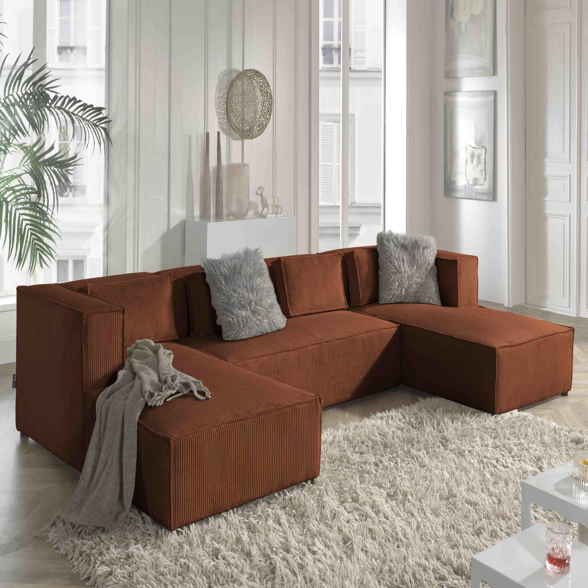 Voir la diapositive 2 : BEST MOBILIER Stella - canapé panoramique en u - 7 places - en velours côtelé