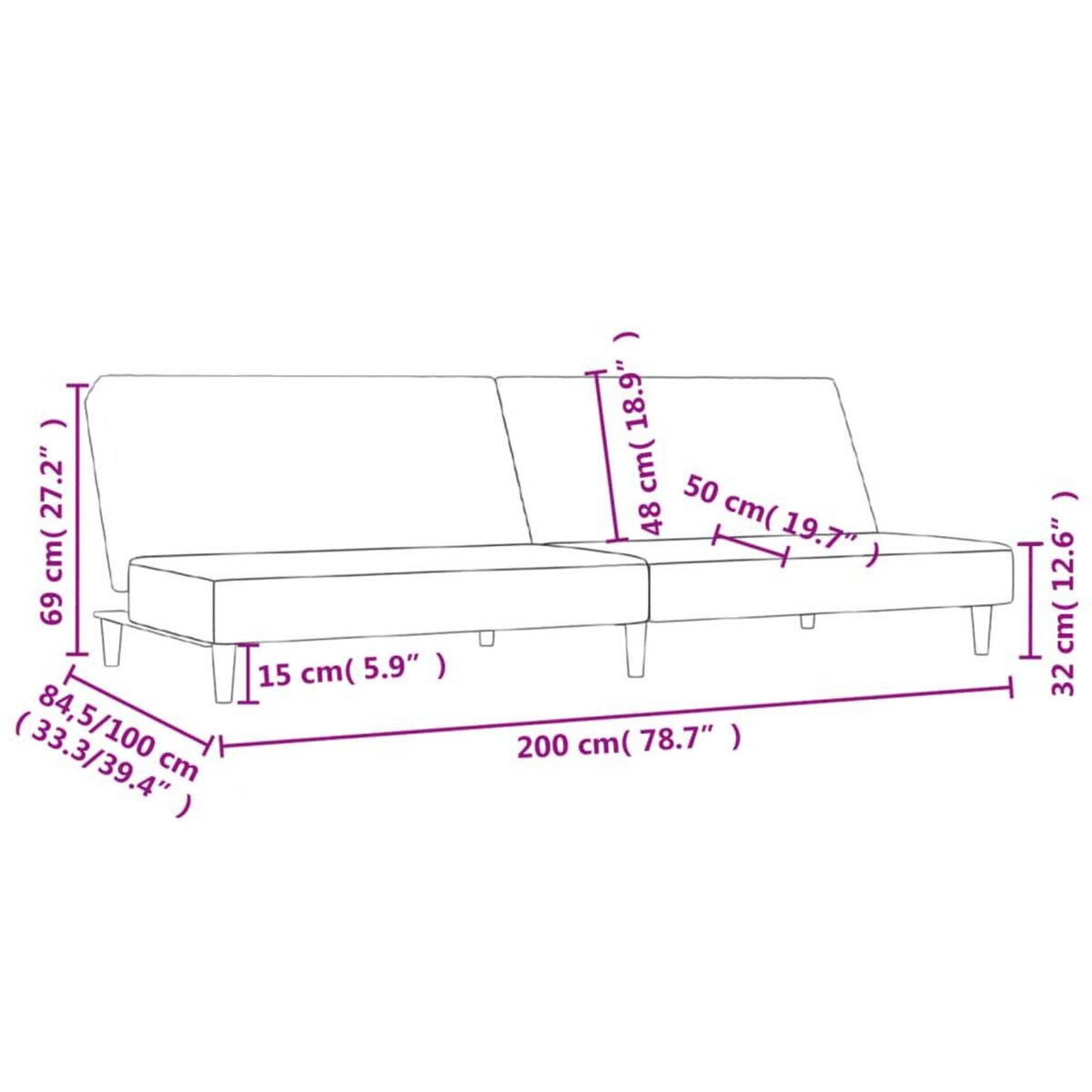 VIDAXL Canape-lit a 2 places noir tissu