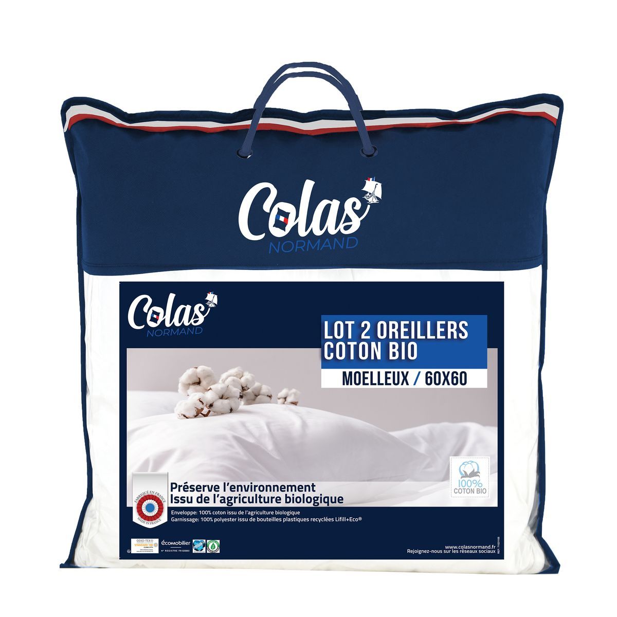 COLAS NORMAND Lot de 2 oreillers en coton BIO 550 g/m²