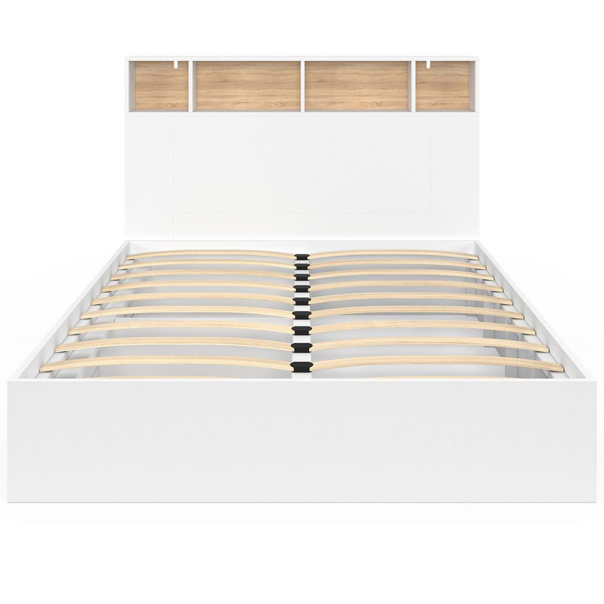 ID MARKET Lit double CLEM avec tête de lit, rangements et sommier 140 x 190 cm blanc