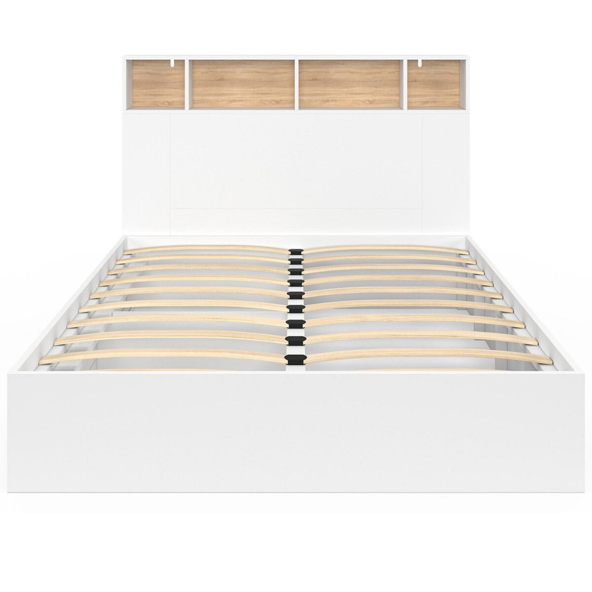 ID MARKET Lit double CLEM avec tête de lit, rangements et sommier 140 x 190 cm blanc