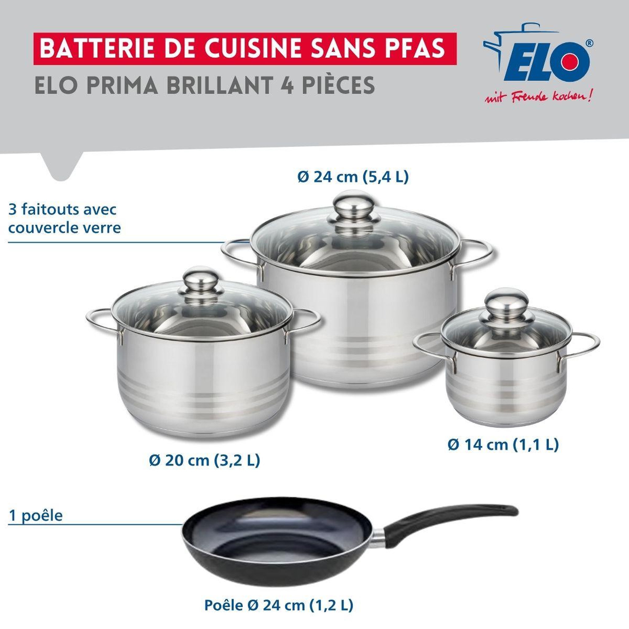 Voir la diapositive 2 : ELO Ensemble de 1 poêle de cuisson 24 cm et 3 faitouts 14, 20 et 24 cm elo prima brillant