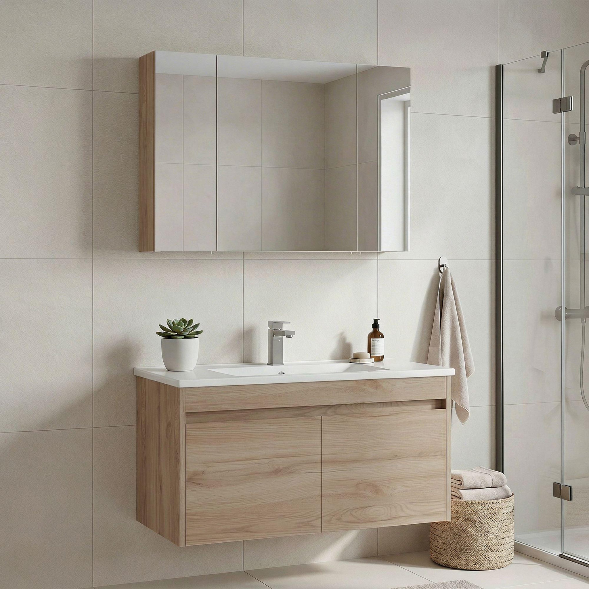 Voir la diapositive 2 : Habitat et Jardin Meuble avec simple vasque et miroir  Side 100 v3  - 100 x 45 x 52 cm - Oak