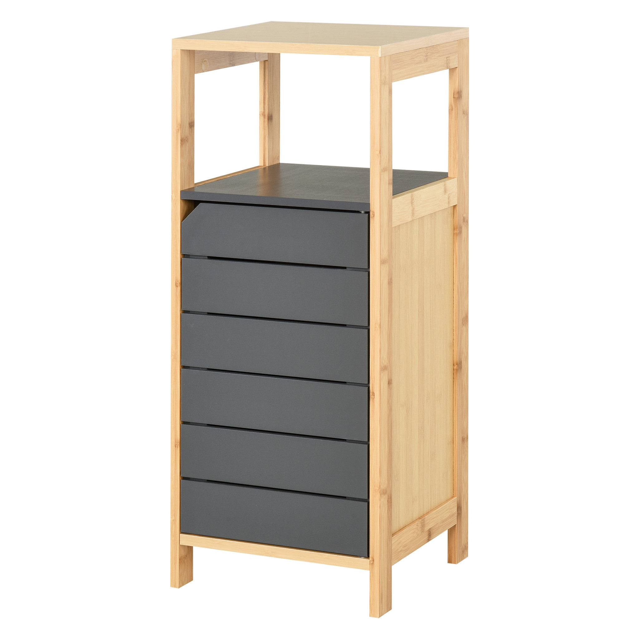 Voir la diapositive 1 : HOMCOM Meuble colonne rangement salle de bain style cosy dim. 32L x 30l x 80H cm porte étagères niche bambou gris